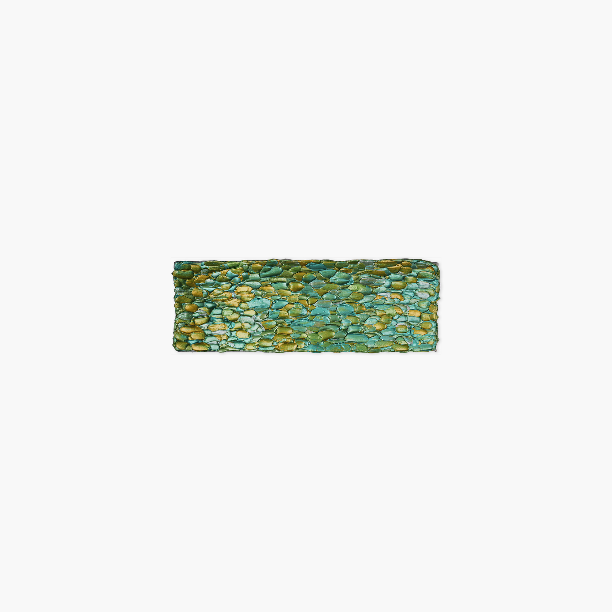 A small rectangular painting with a pebble like texture in shades of green, blue, and yellow metallic paint.