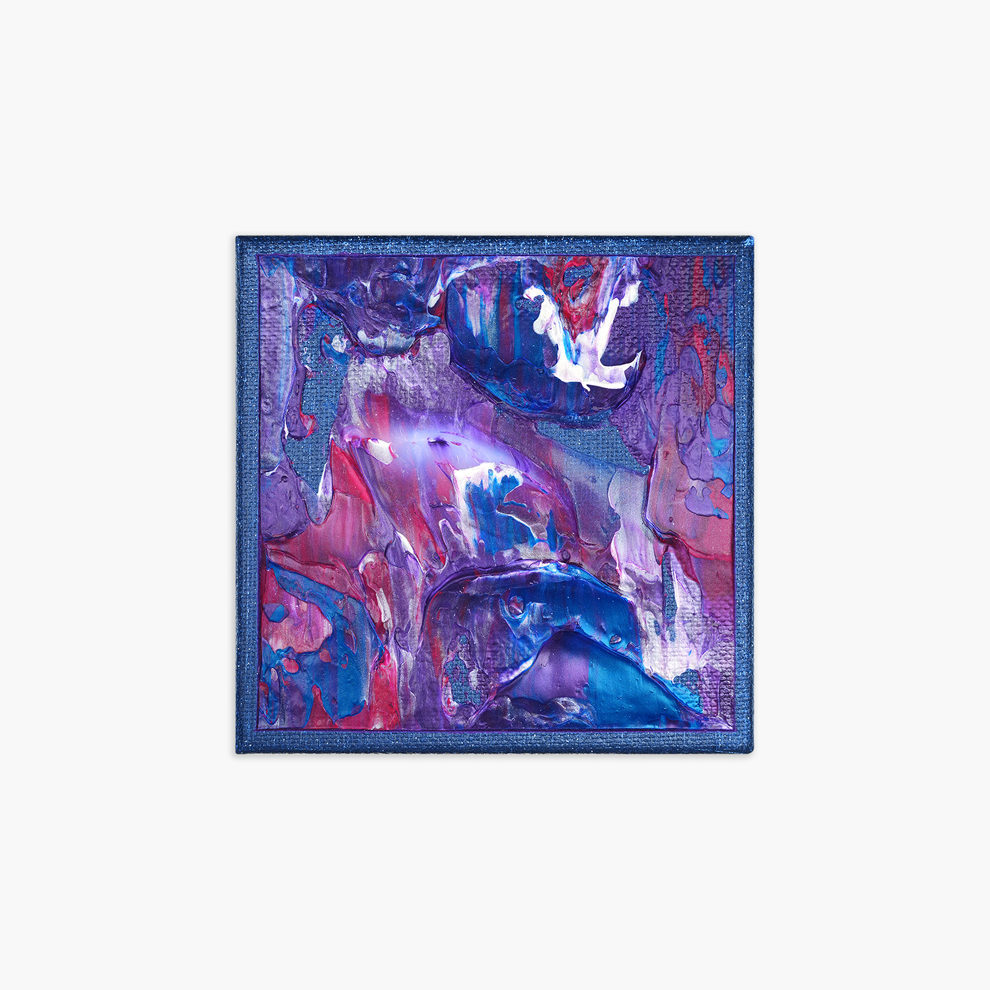 An abstract painting with thick strokes of paint in blue, purple, and magenta colors, framed with a textured blue border.