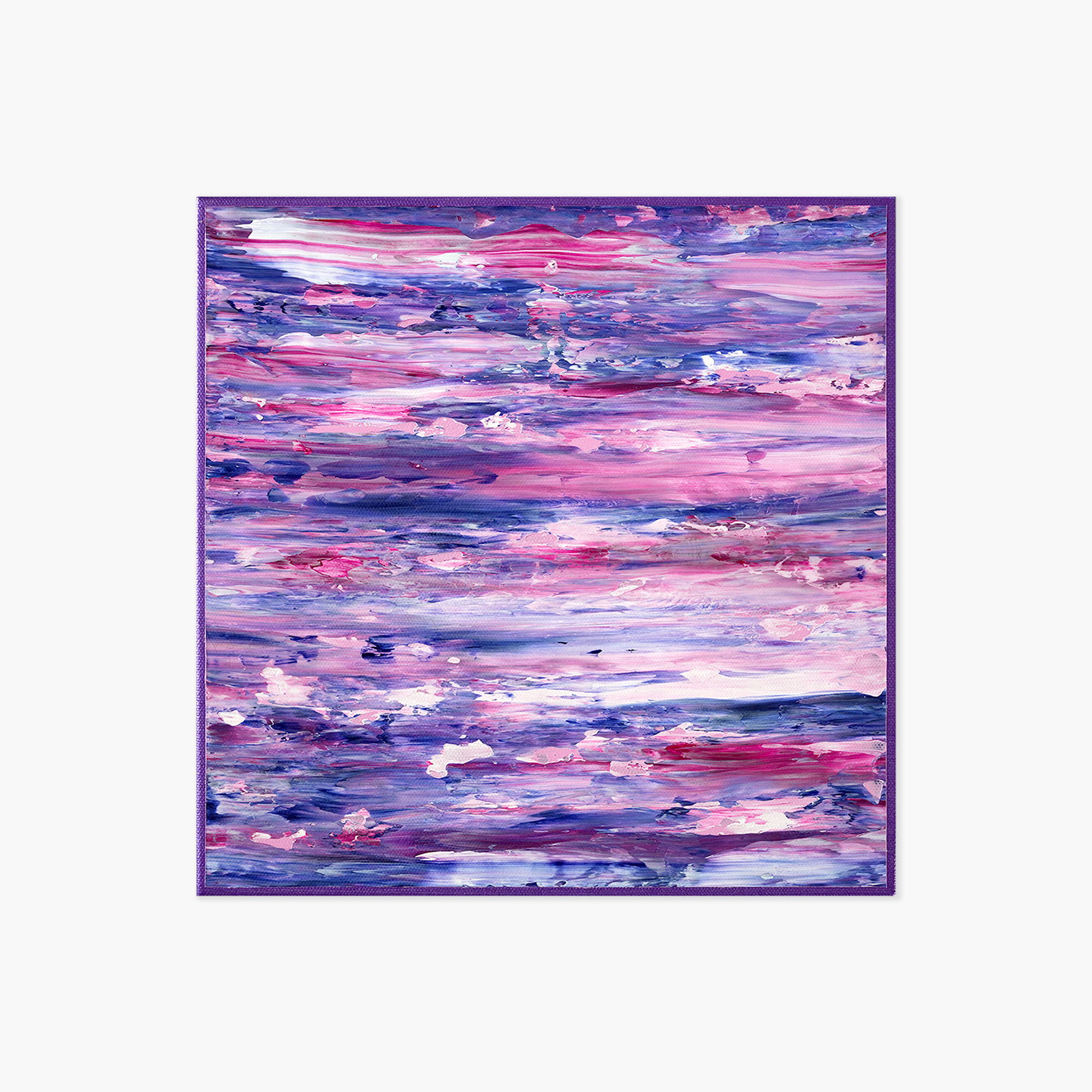 Abstract painting with horizontal brushstrokes in shades of pink, purple, and white, framed with a metallic purple border.