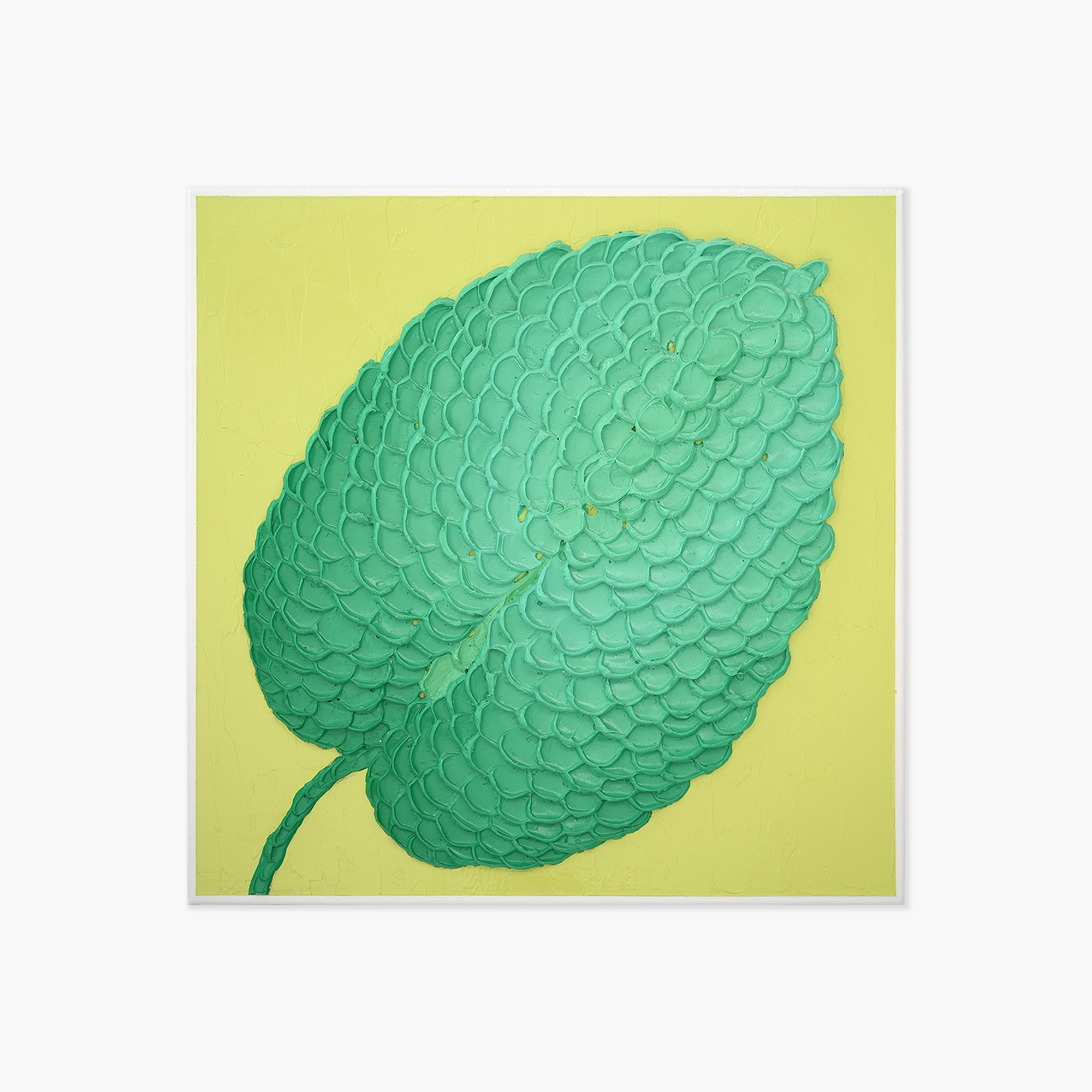 An artistic depiction of a large host leaf set against a yellow-green background.