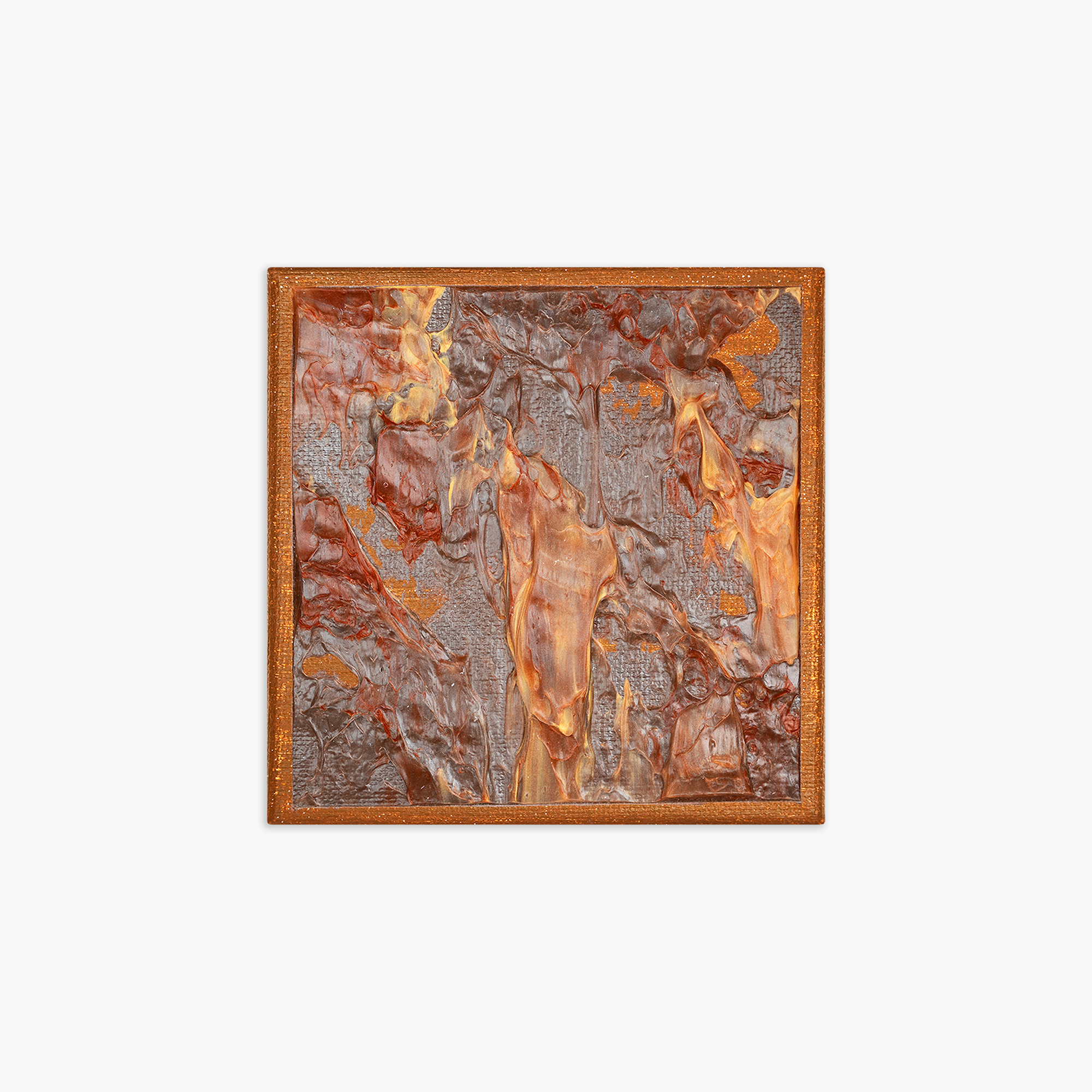 Close-up of an abstract textured artwork with metallic and earthy tones with a metallic copper border.