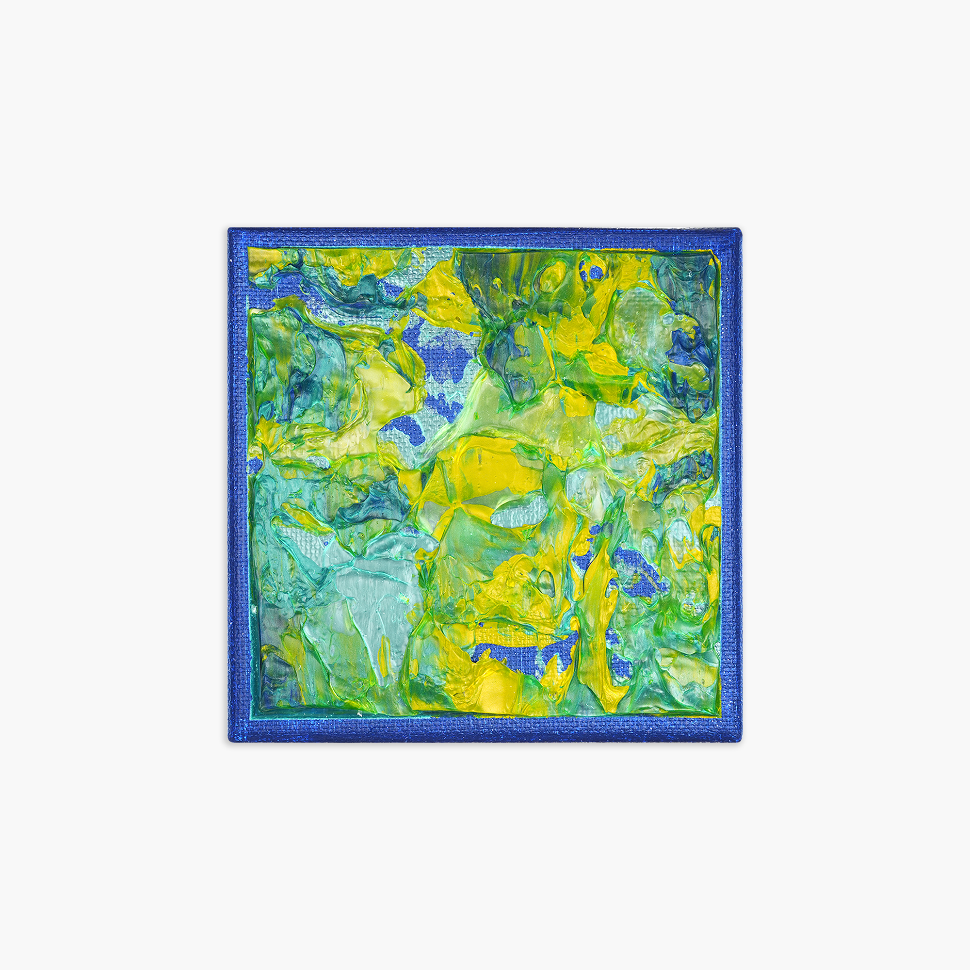 An abstract painting with vibrant yellow, green, and blue colors, framed in a blue border.