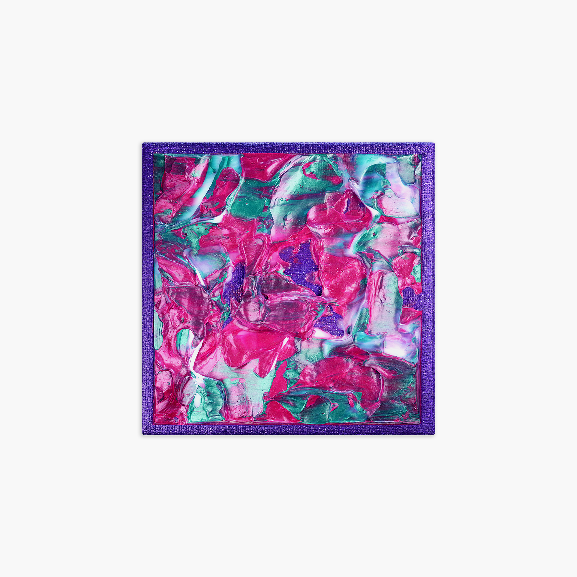 Close-up of an abstract acrylic pour painting with vibrant pink, green, blue, and purple swirls, framed with a purple glitter border.