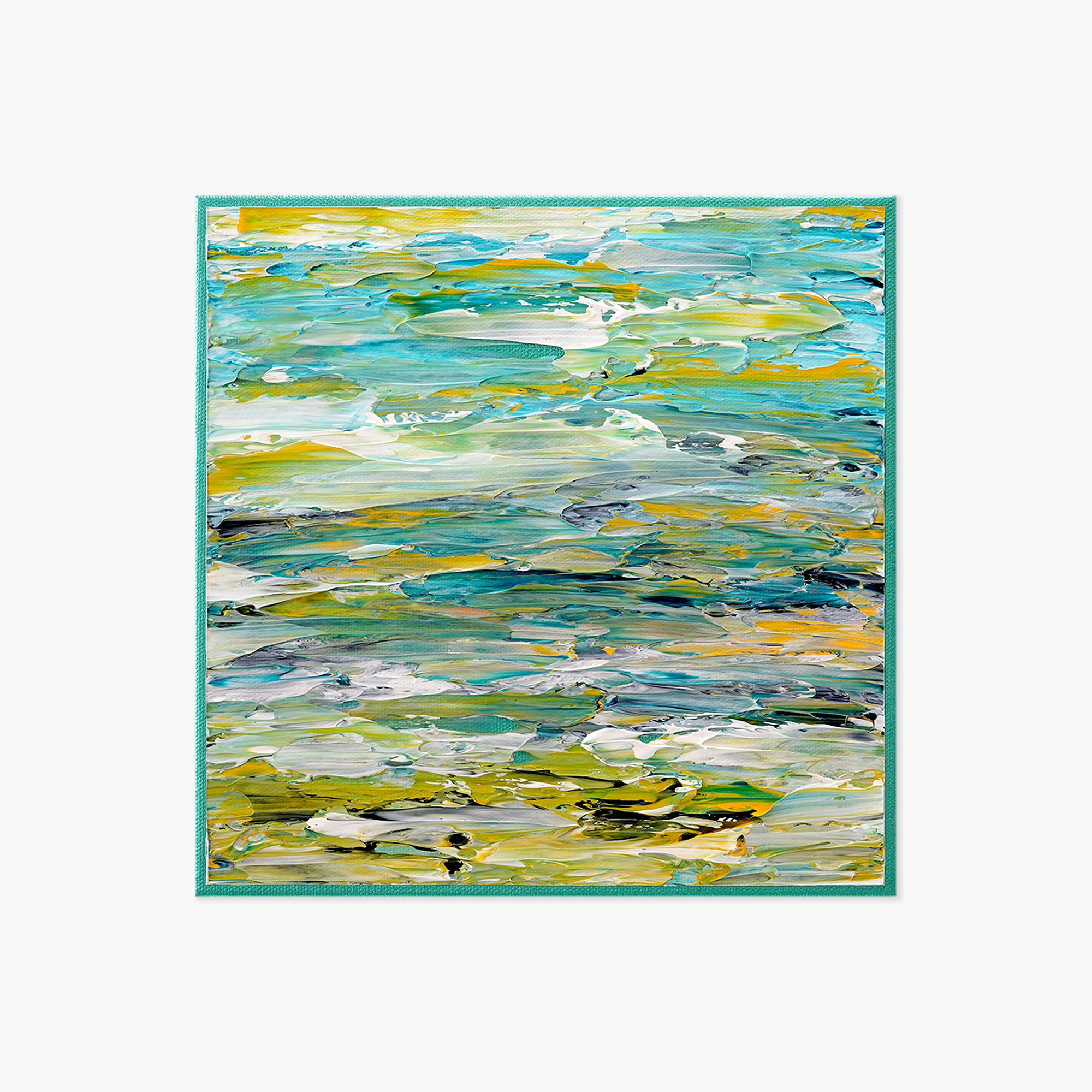 An abstract expressionist painting with thick, textured strokes of yellow, blue, green, white, and black paint framed in a turquoise border.