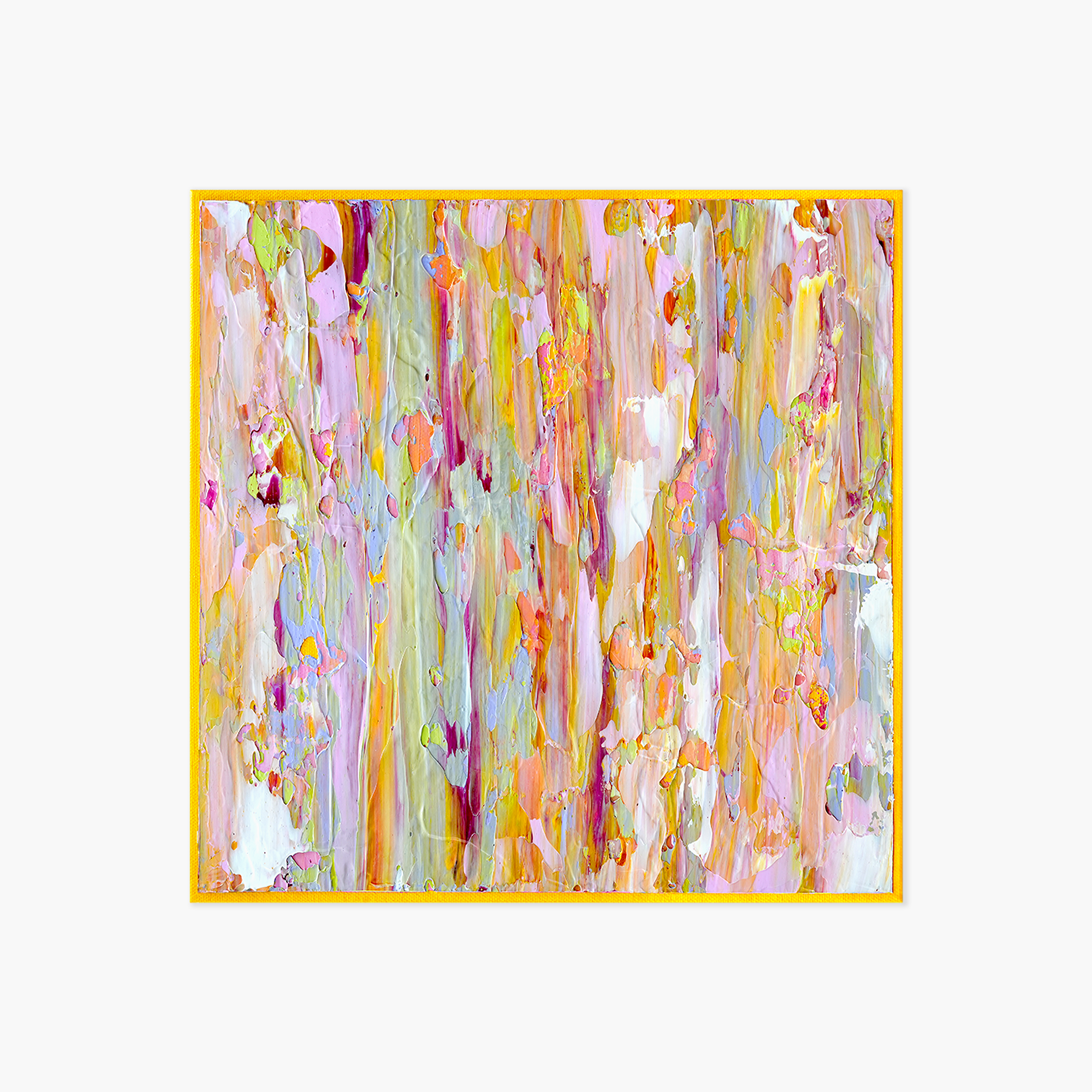 An abstract, textured painting with streaks of pink, yellow, white, orange, and light blue, framed with a yellow border.