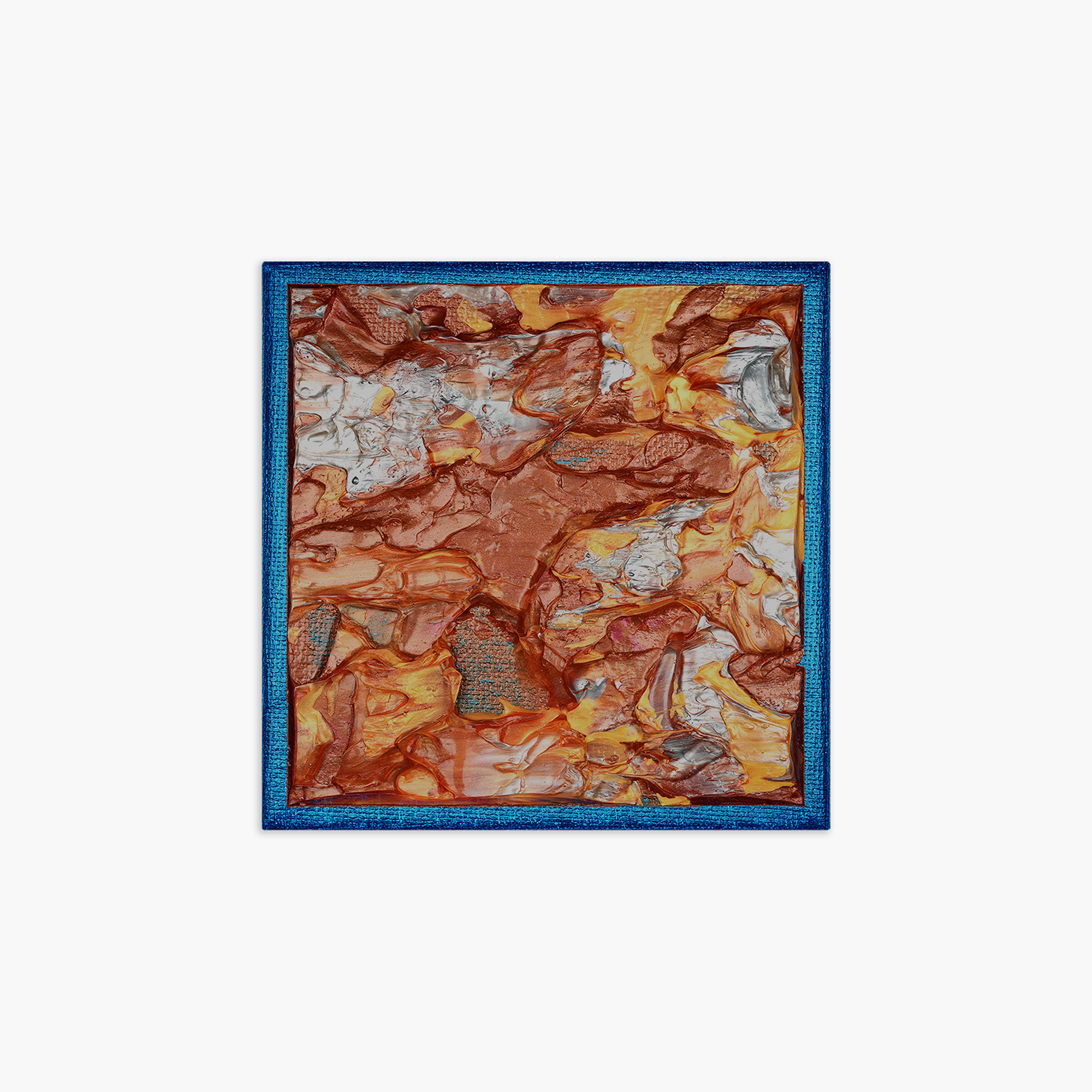 A textured abstract painting with thick strokes of copper, bronze and silver framed with a metallic blue border.