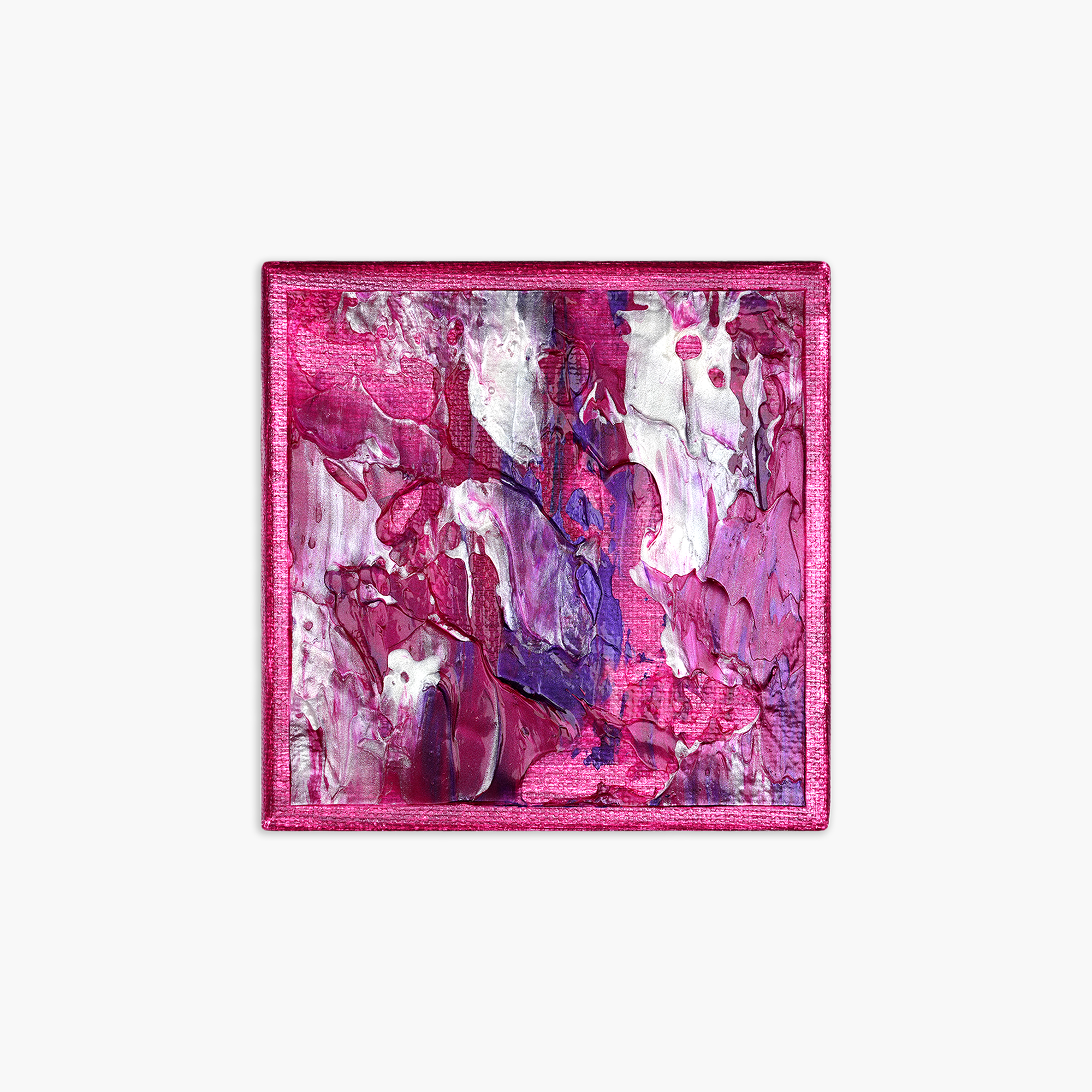 An abstract painting with thick strokes of paint in white, magenta, and pink colors, framed with a metallic magenta border.