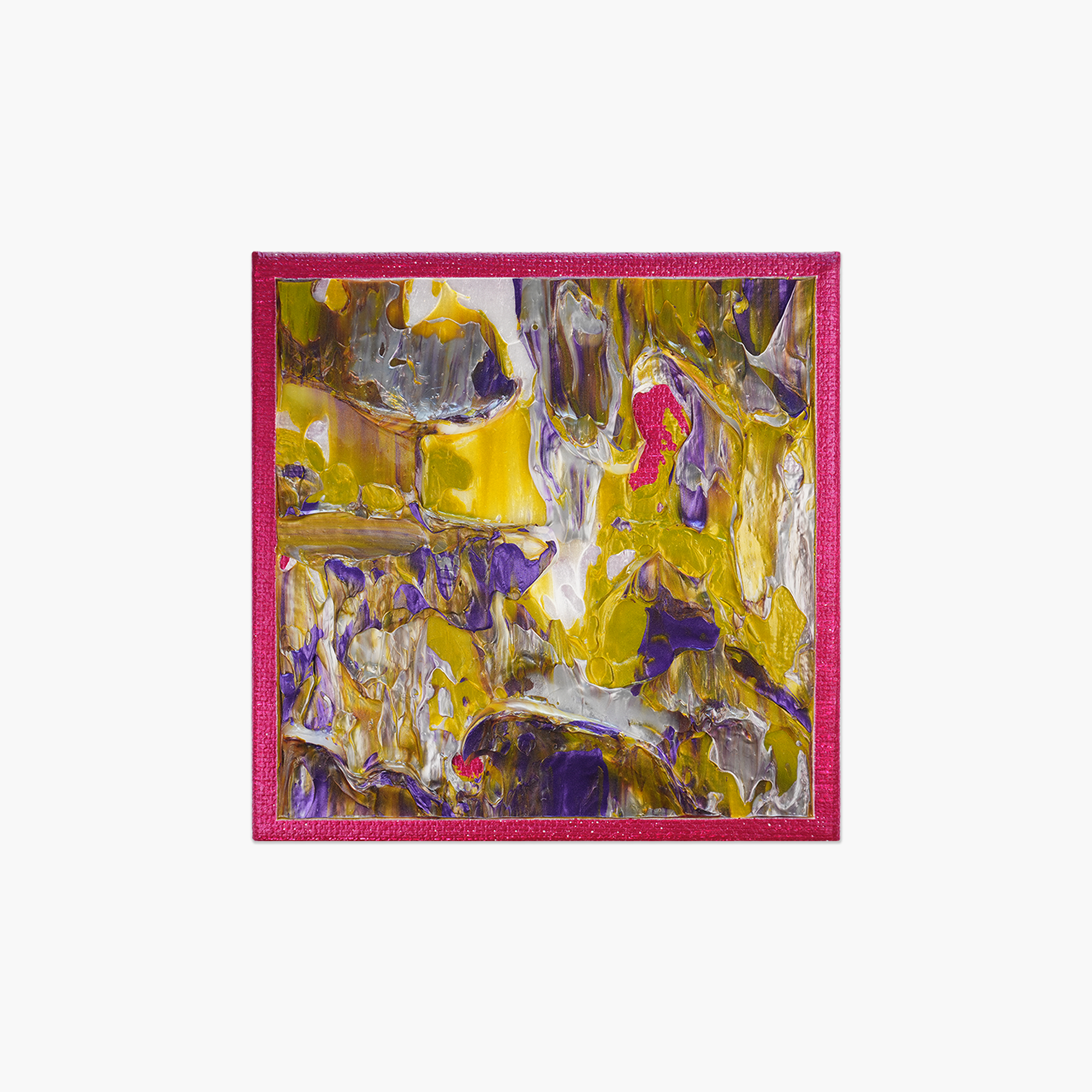 Abstract artwork with metallic paint in colors of purple, yellow, gold, and white on a magenta canvas.