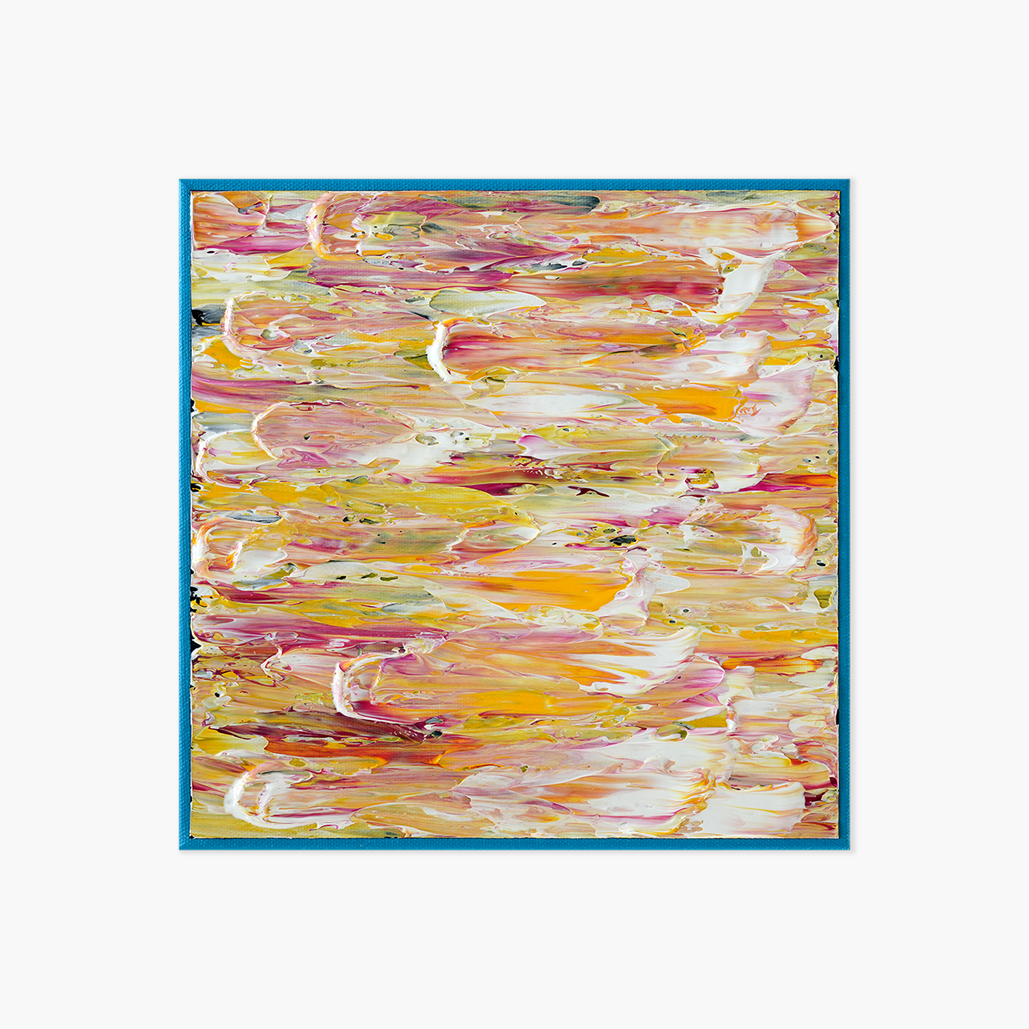 Abstract painting with pink, yellow, white, green, and black swirls within a blue border.