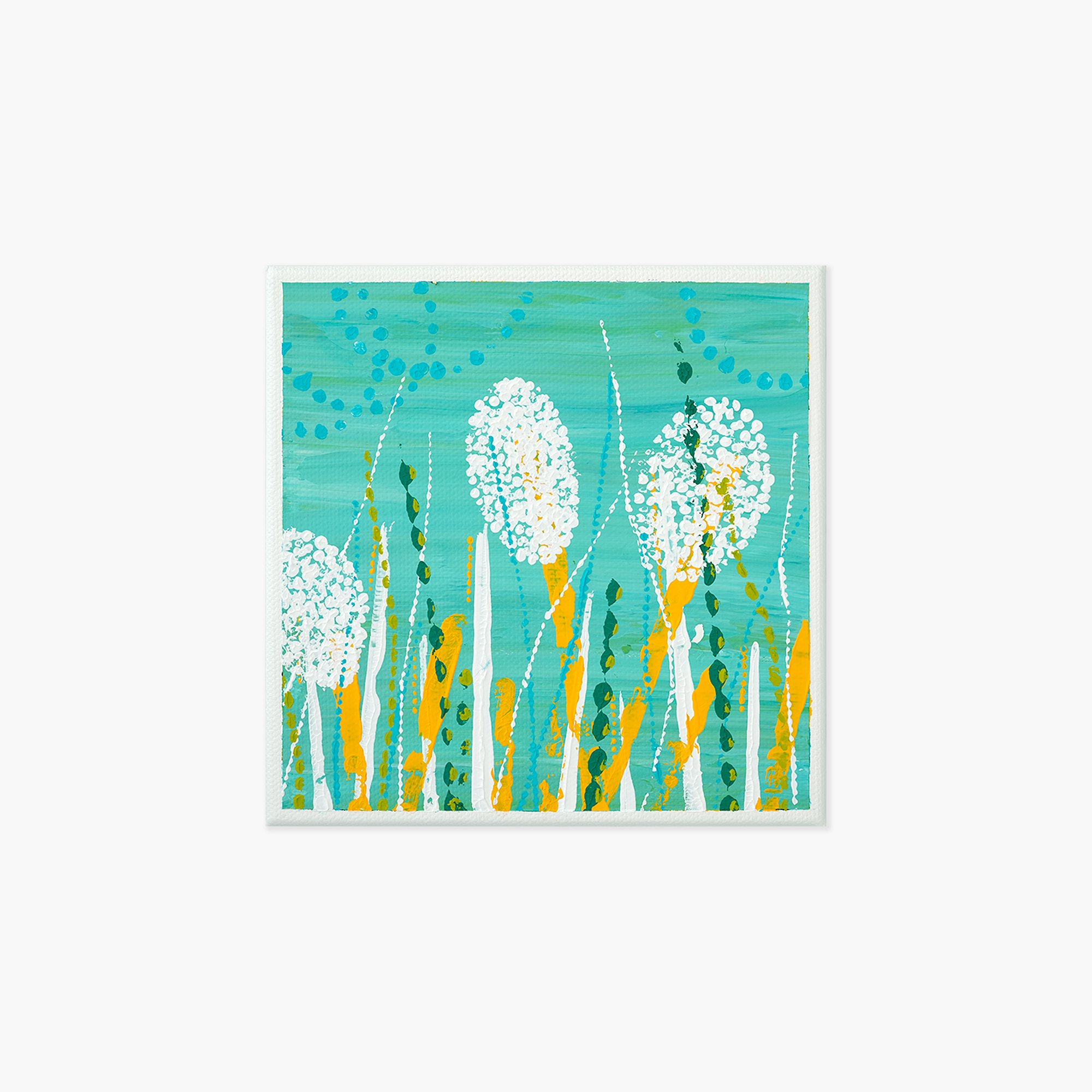 A colorful square abstract painting reminiscent of blooming flowers with white, yellow, and green hues.