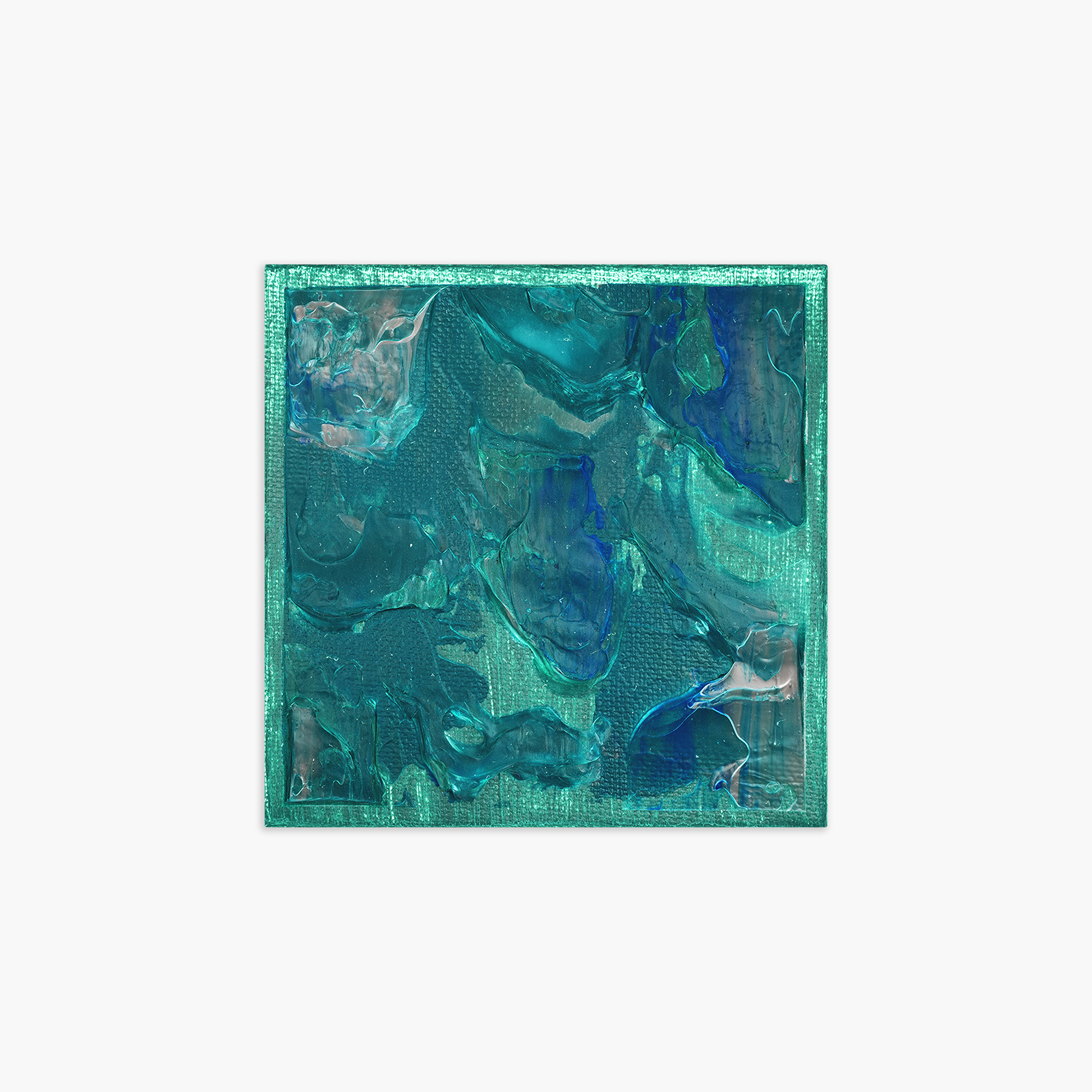 A textured abstract painting with thick strokes of blue ,teal and silver framed with a metallic teal border.