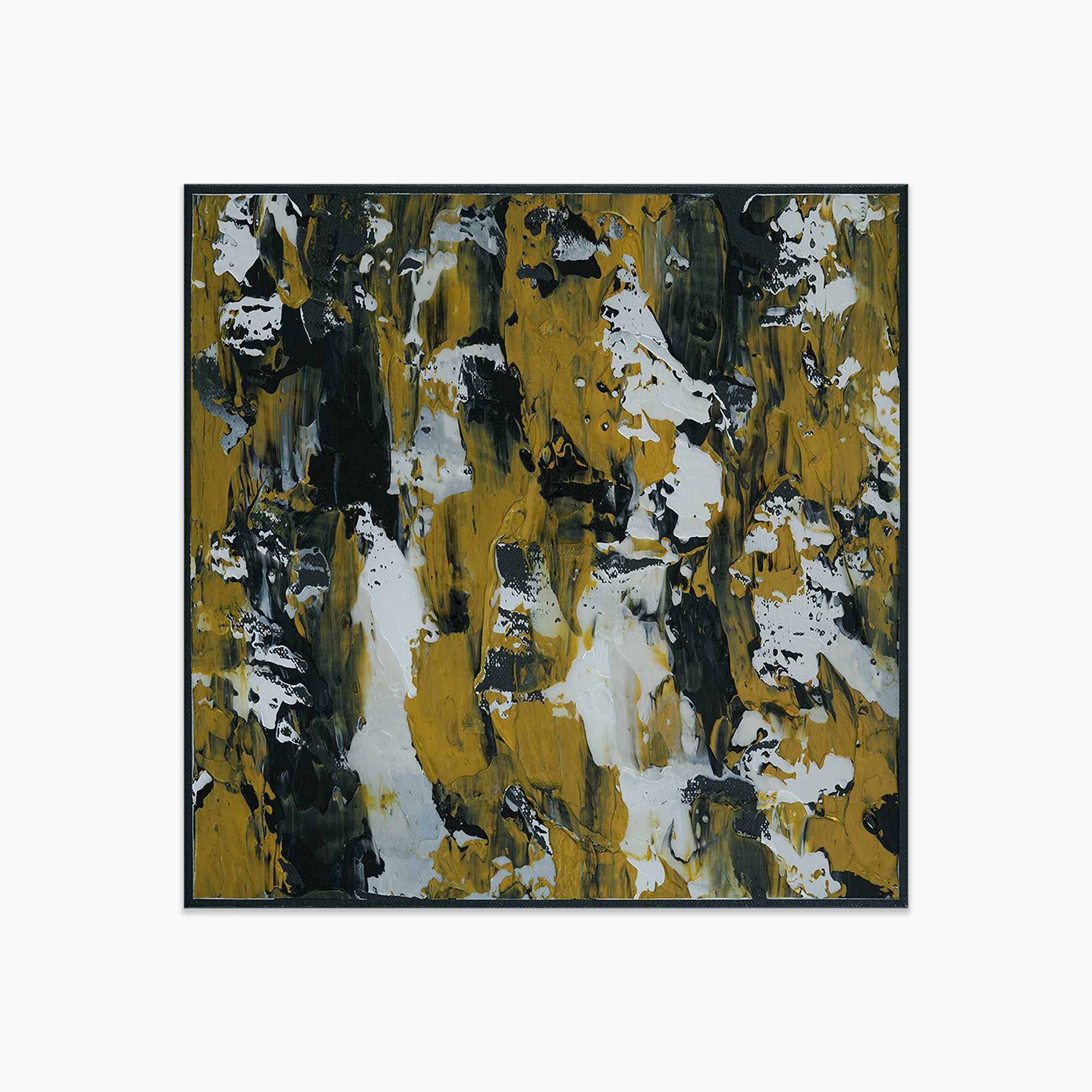 Abstract square painting with black, white, silver, and metallic yellow splashes and streaks on a black canvas.