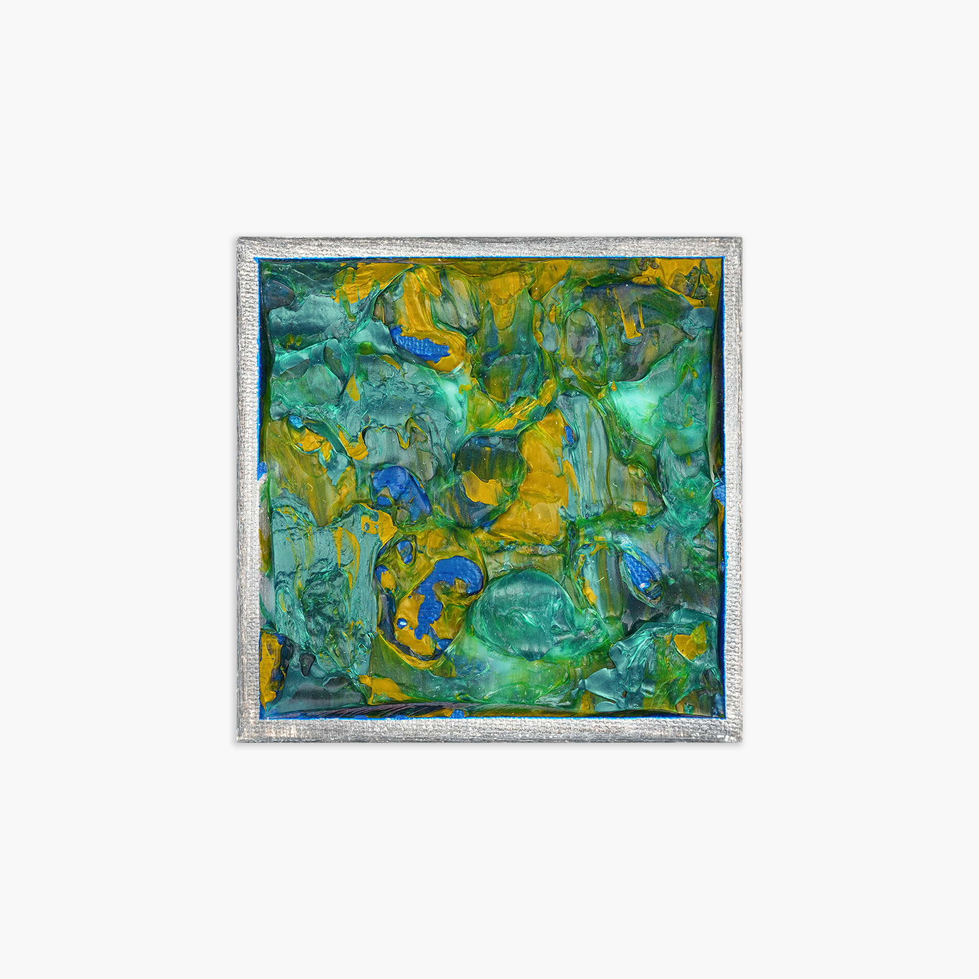 A textured abstract painting with thick strokes of green , gold and blue framed with a metallic silver border.