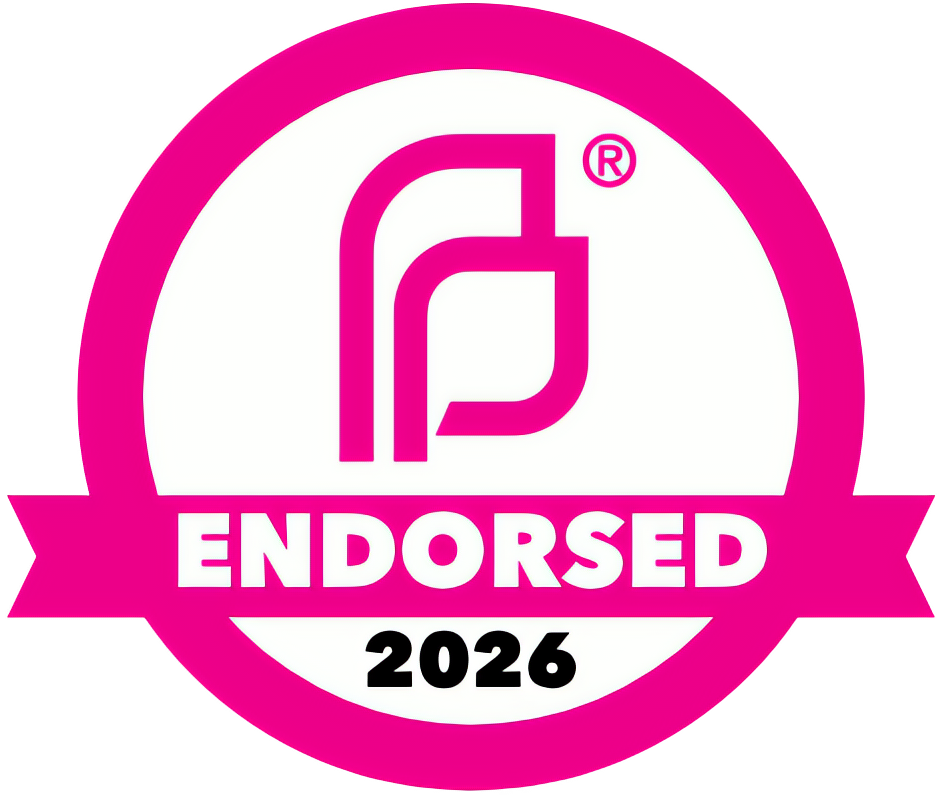 A pink and white badge with the text 'Endorsed 2026' and a stylized logo at the top.