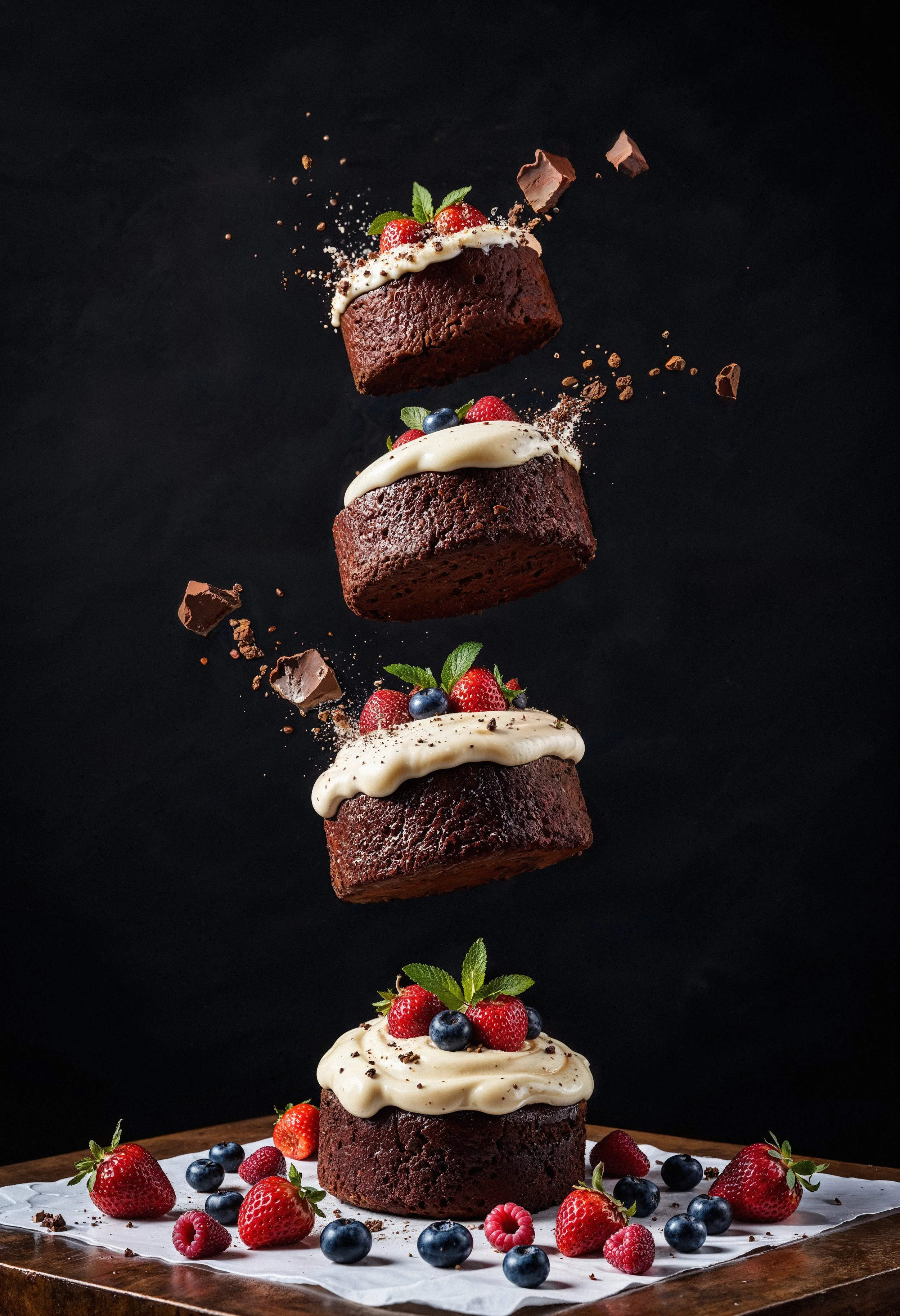 Four stacked chocolate cakes topped with white frosting, mixed berries, mint leaves, and chocolate shavings, mid-air against a black background, with scattered berries and chocolate on a wooden surface.