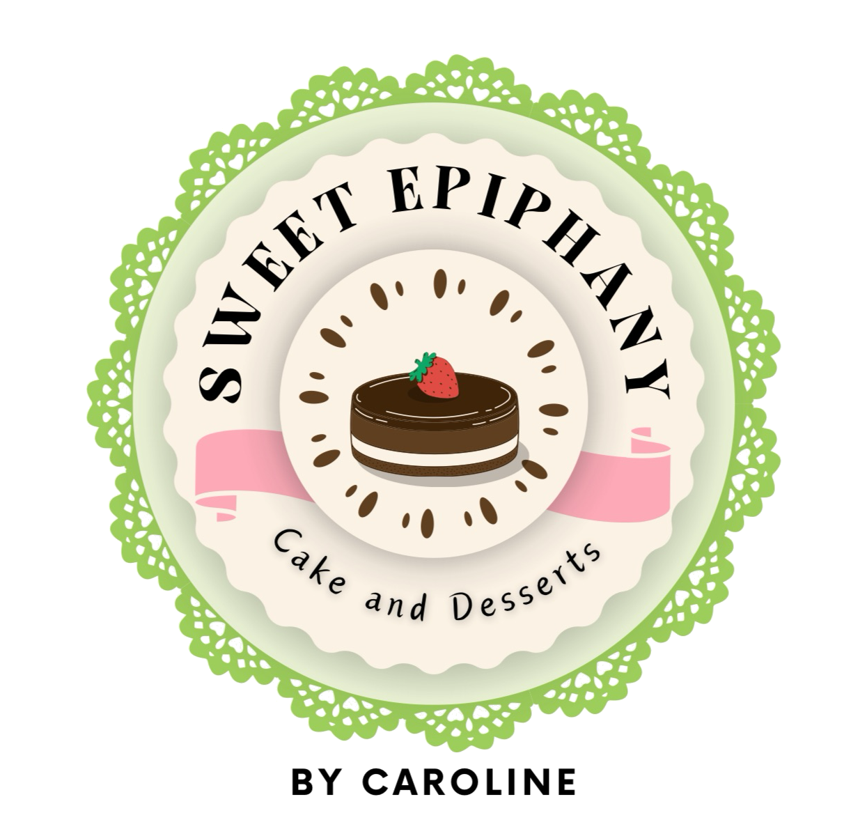 Logo of Suvet Epiphany Cake and Desserts featuring a chocolate cake with a strawberry on top, surrounded by a decorative green lace border, with black text above and below the cake.