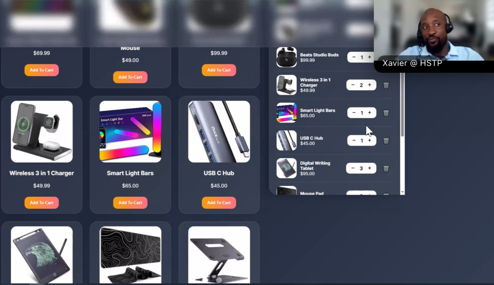 Online shopping website with electronic gadgets like wireless chargers, smart light bars, USB hubs, and digital writing tablets, with a conversation window labeled 'Xavier @ HSTP' in the top right corner.