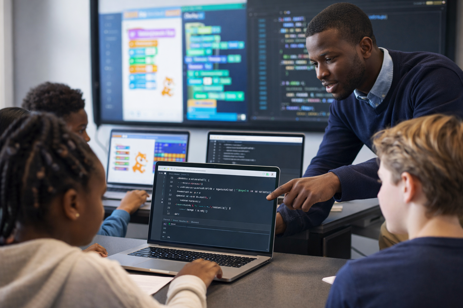 male teacher pointing to a laptop with coding on the screen