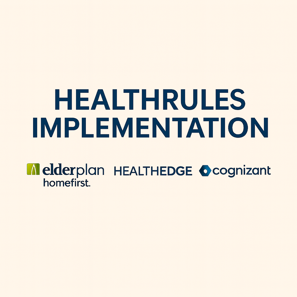 Slide presentation title slide with the text 'HEALTHRULES IMPLEMENTATION' and logos of elderplan, healthedge, and cognizant.