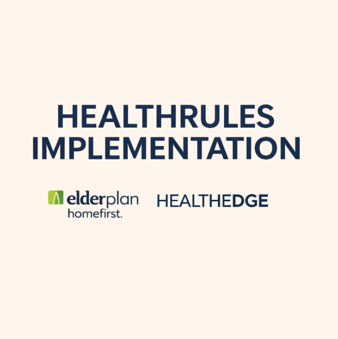 Slide presentation title slide with the text 'HEALTHRULES IMPLEMENTATION' and logos of elderplan, healthedge, and cognizant.