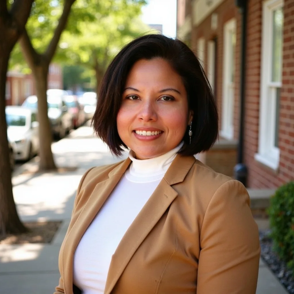 A woman with shoulder-length dark hair wearing a tan blazer, white turtleneck, and earrings, standing outdoors on a sidewalk lined with trees and brick buildings, smiling at the camera.