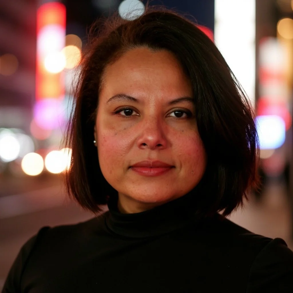A woman with black hair wearing a black top, standing in front of colorful blurred city lights at night.