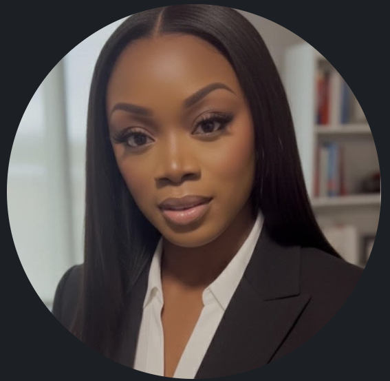 Portrait of a woman with long black hair, wearing a black blazer and white shirt, standing in front of a bookshelf filled with books.