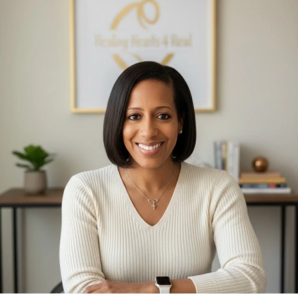 A smiling woman with shoulder-length black hair sitting at a table in an office or home office setting, with a framed logo or artwork in the background and a few books and a potted plant on a side table.