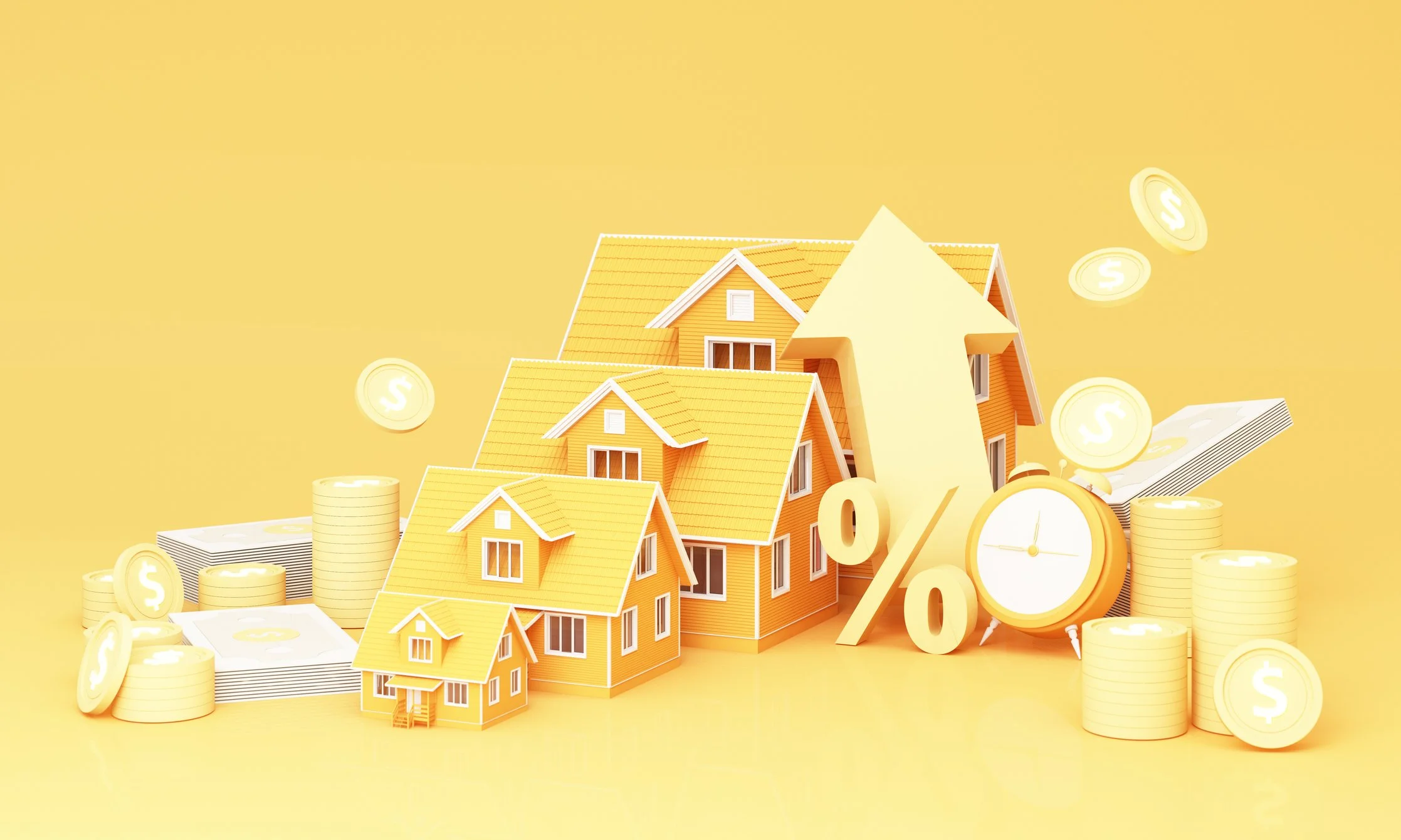 Small model houses on a stack of coins with an upward arrow