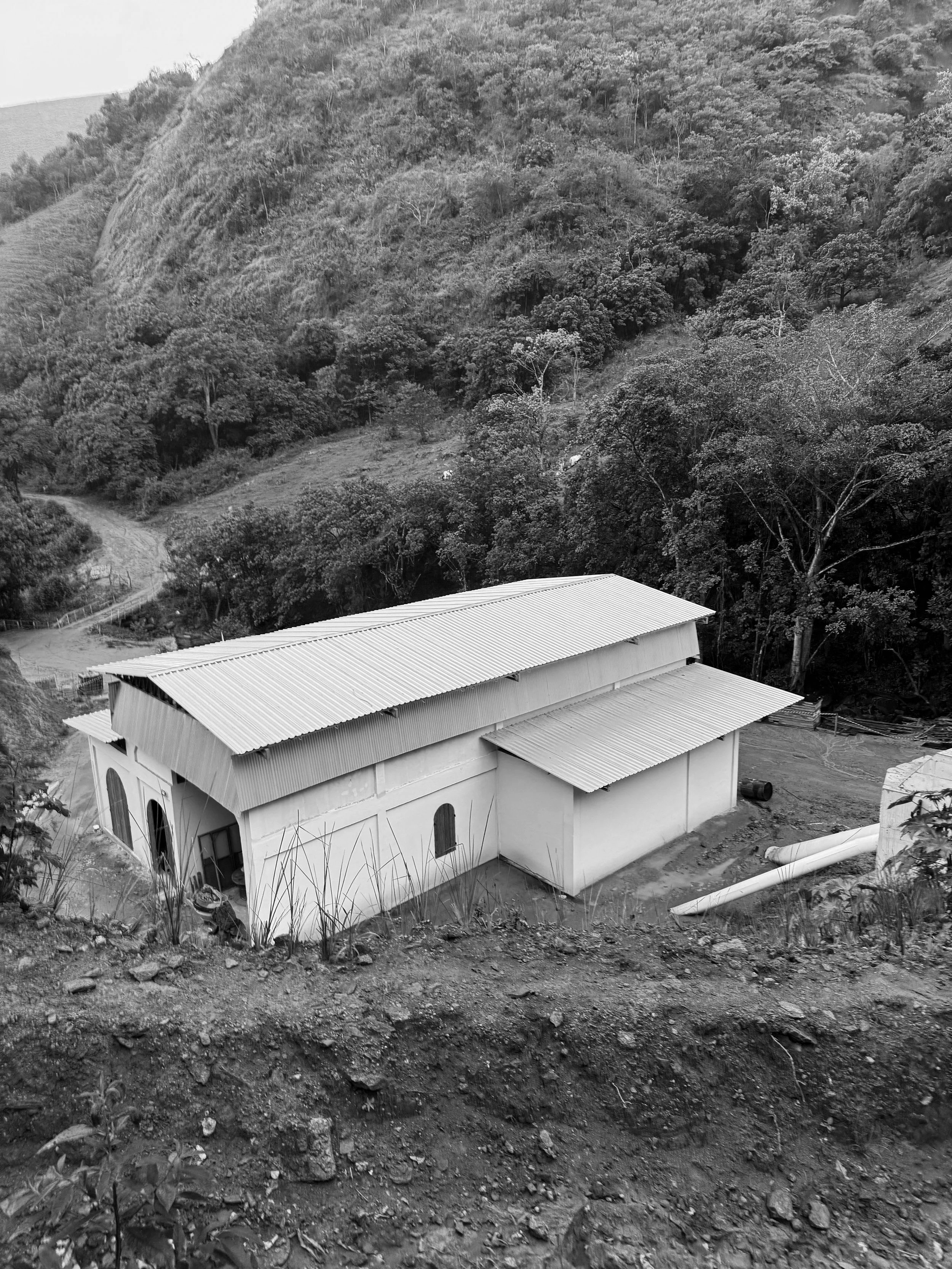 Casa simples com telhado metálico em um ambiente rural montanhoso, cercada por árvores e vegetação.