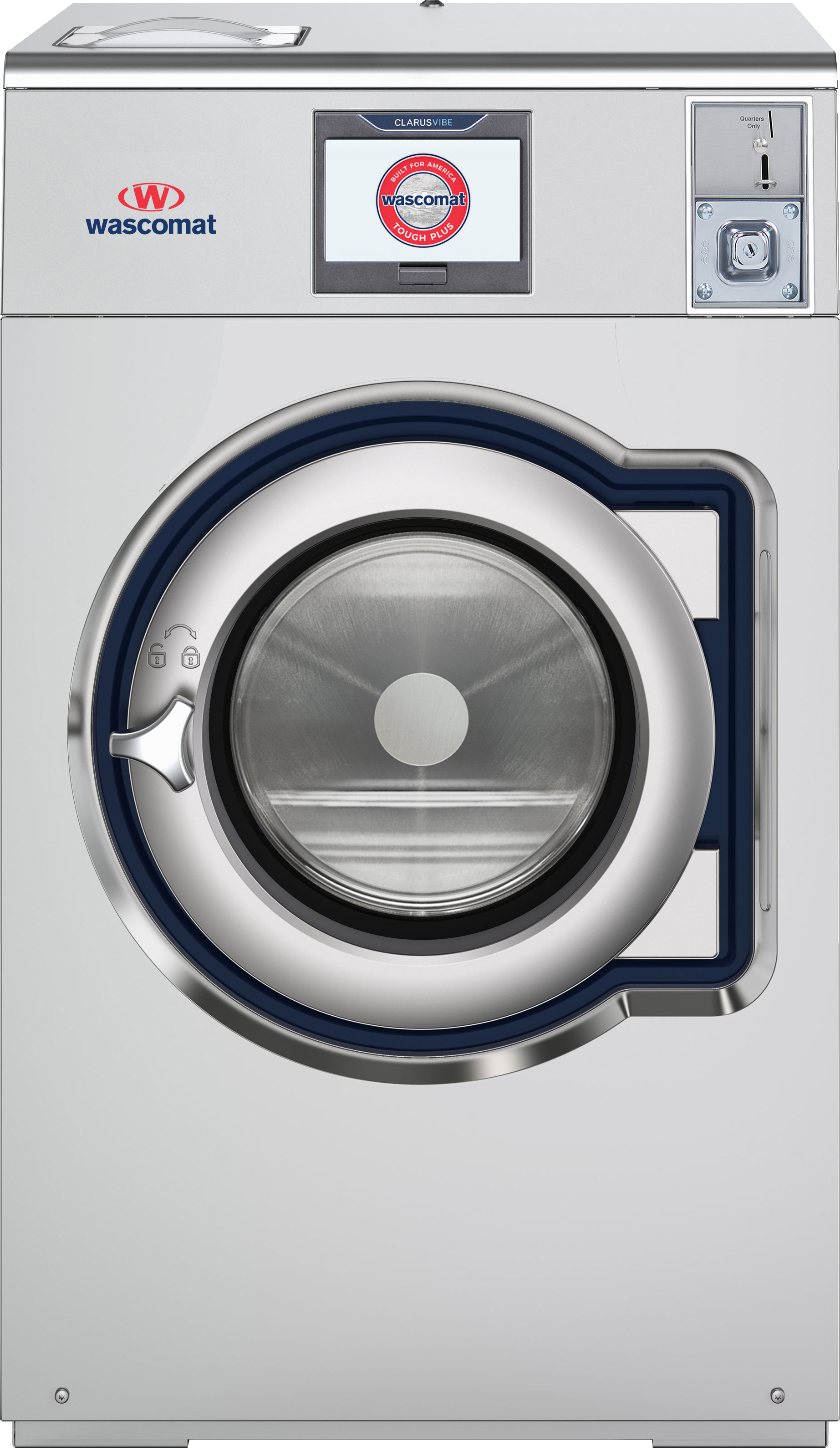 A front-loading washing machine with digital display and control panel, labeled 'Wascomat' and 'ClarusVibe' with a circular door.
