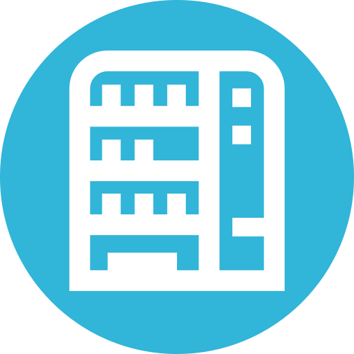 Icon of a refrigerator with shelves and a door handle inside a blue circle.