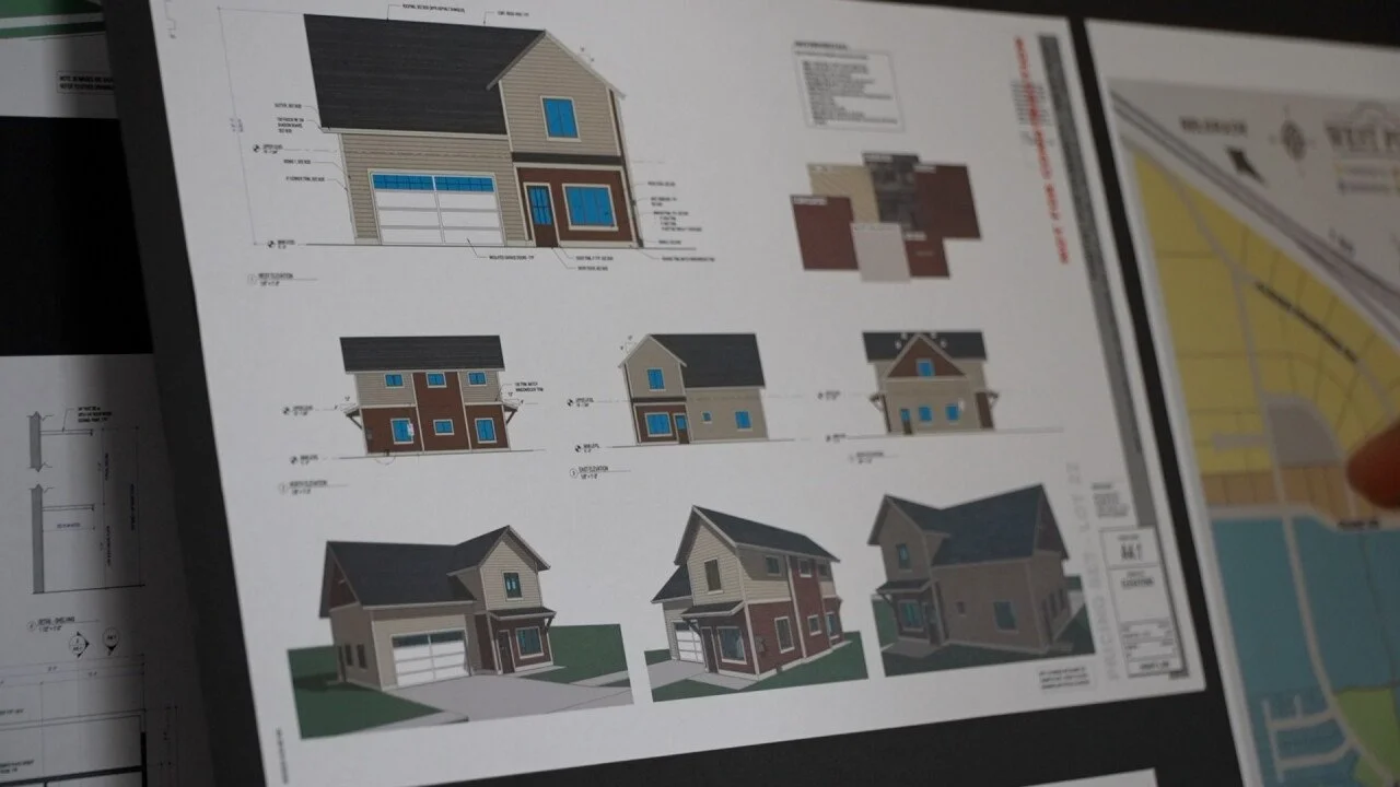 Full mockup of a house HHGV is building in West Post printed on a board