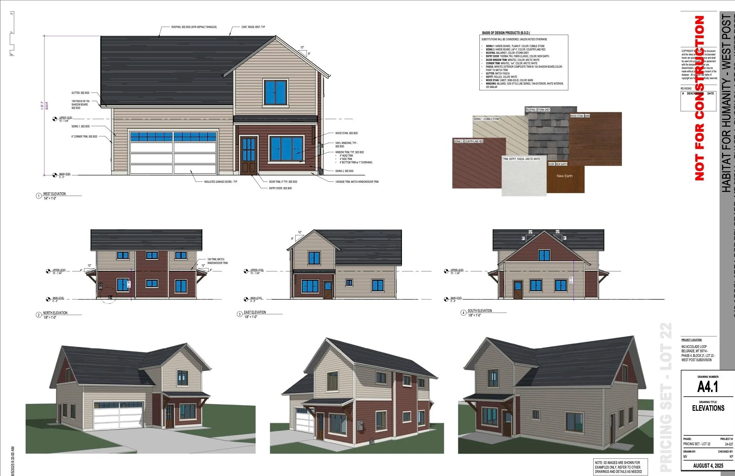 Housing plans featuring material choices and several mockups of each side of the house.