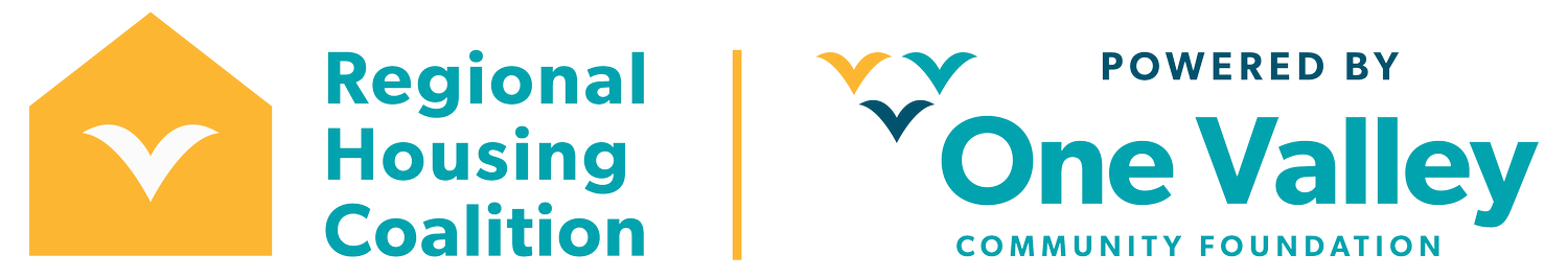 Logo of Regional Housing Coalition powered by One Valley Community Foundation, featuring a house icon and stylized birds in flight.