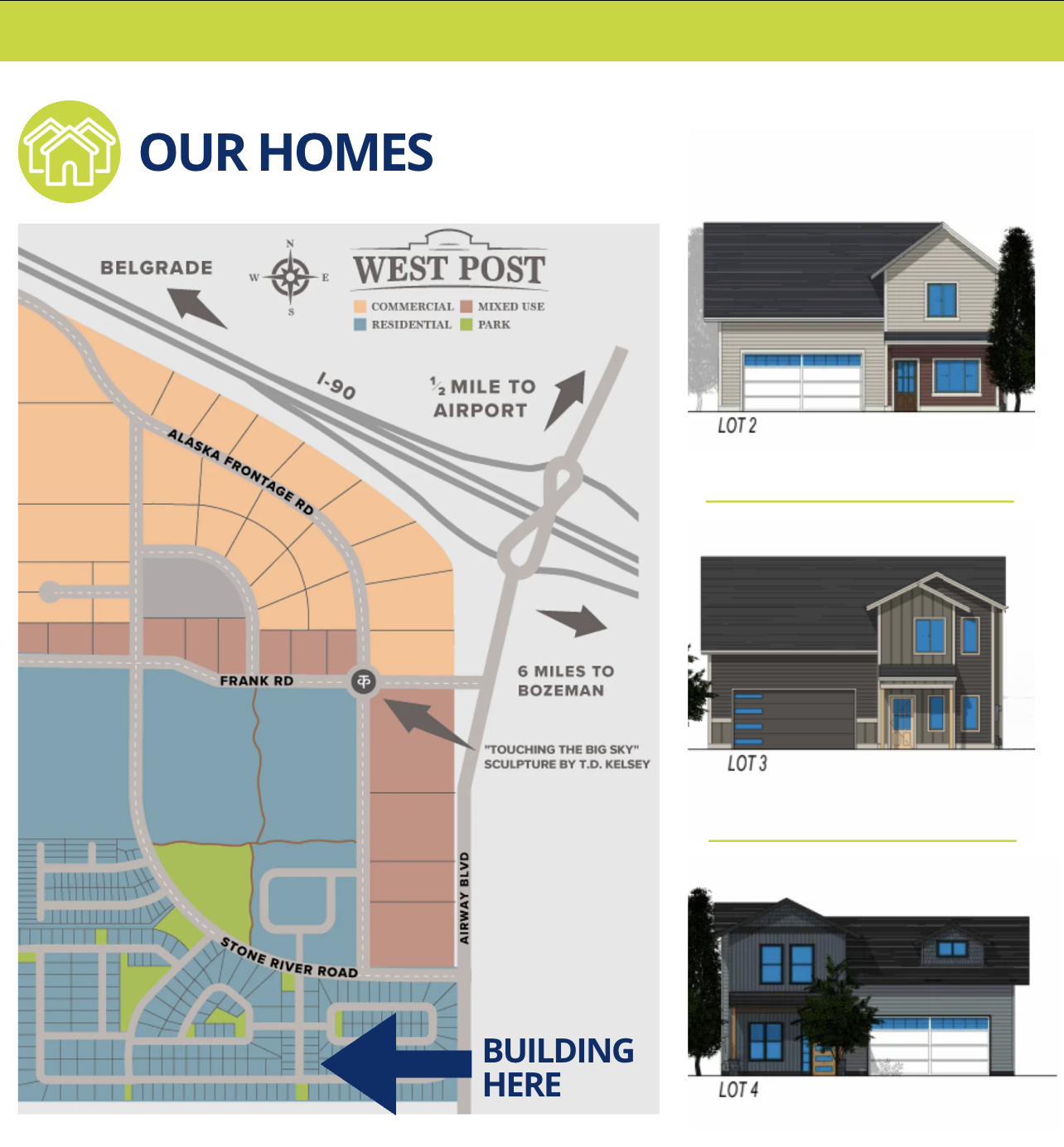 A map of the West Post development with an arrow showing where the houses will be built. Right of the map are 3 house mockups.