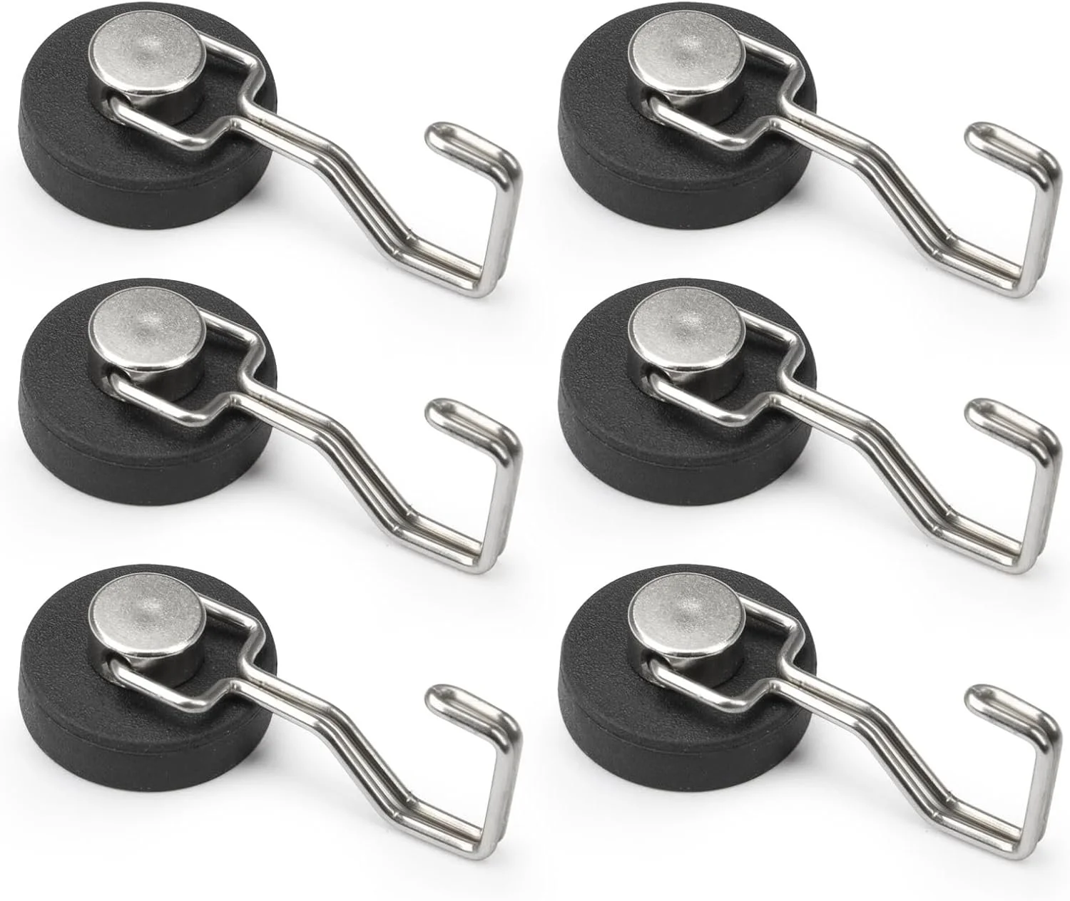Six weight plate collars with metal hooks on a white background.