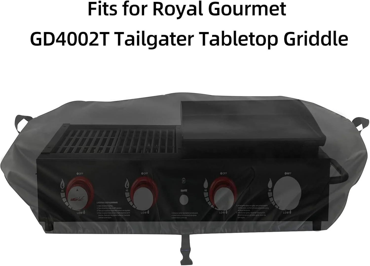 Black outdoor tabletop griddle with charcoal and gas burners, labeled as Fits for Royal Gourmet GD4002T Tailgater Tabletop Griddle.