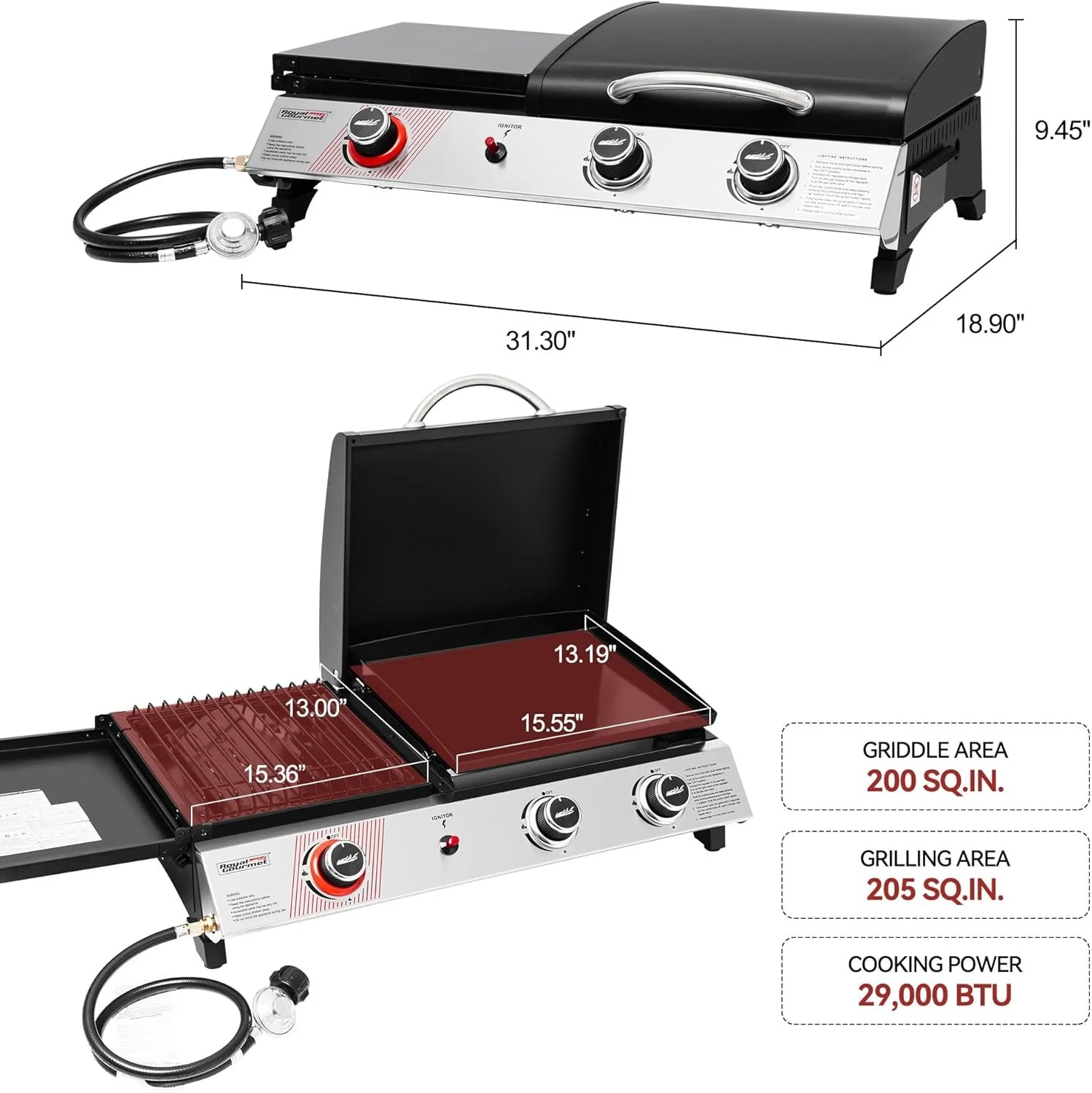 Diagram of a gas grill with dimensions, showing the overall size, griddle area, grilling area, and cooking power in BTU.