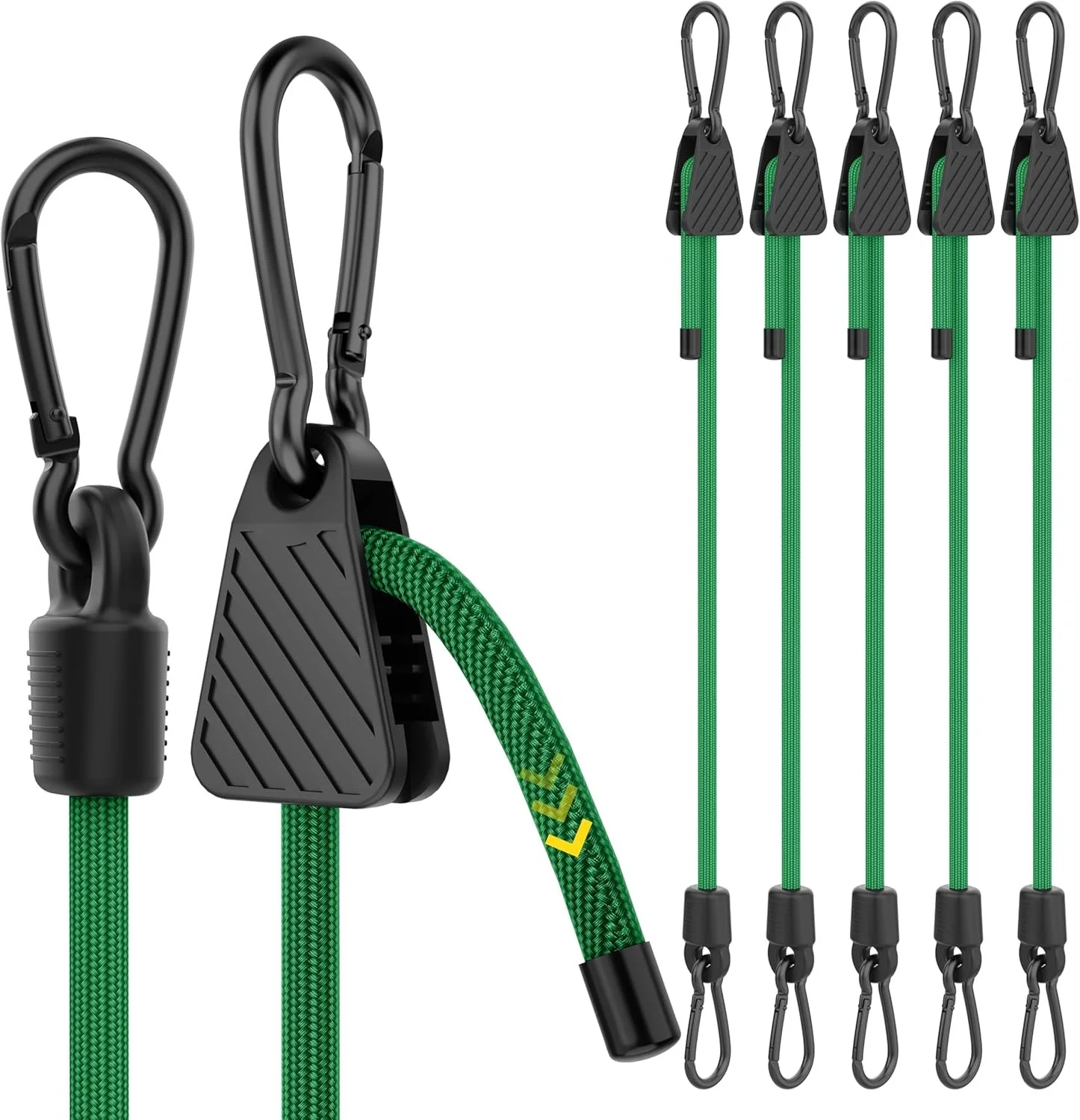 Set of green bungee cords with black hooks and adjustable tension clips, shown close-up and side view.