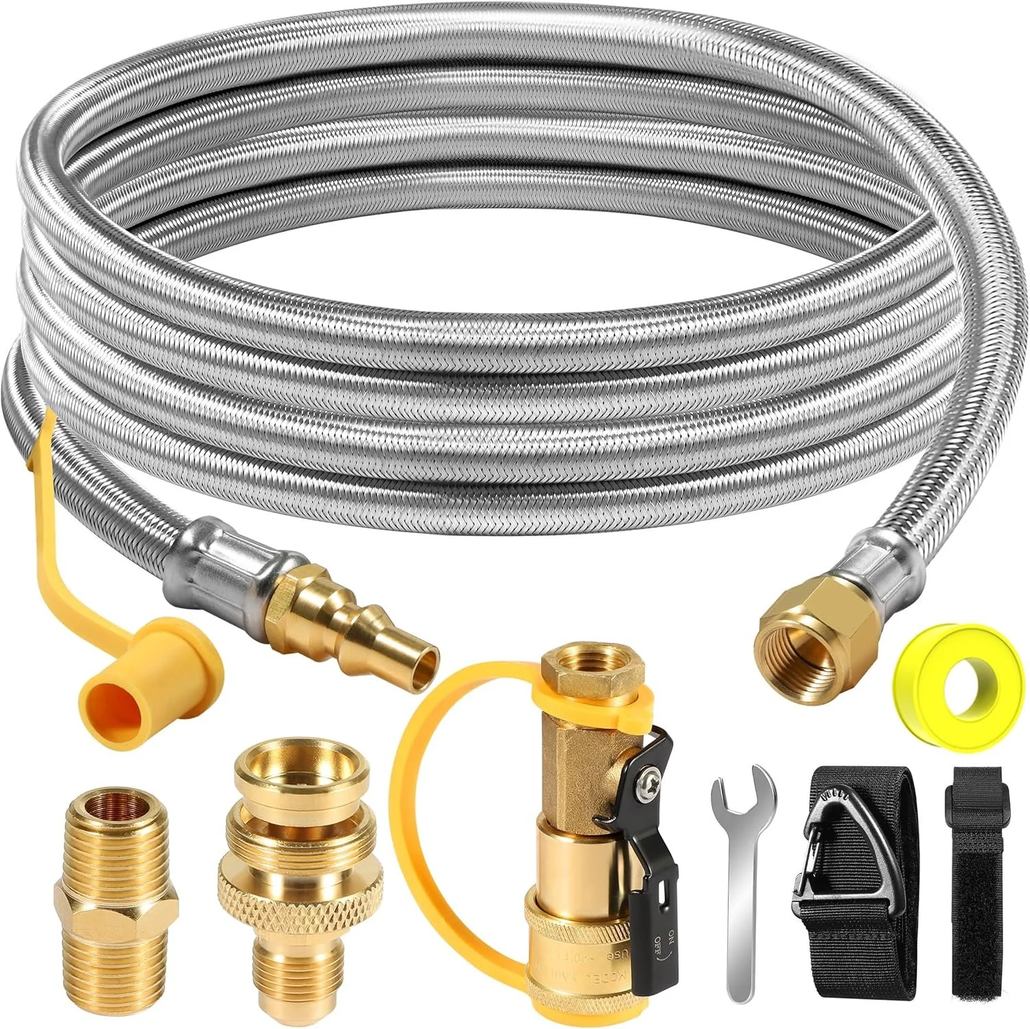 A coiled silver flexible gas or water hose with brass connectors and fittings, along with various plumbing and repair tools including adapters, wrenches, a strap wrench, and pipe fittings.