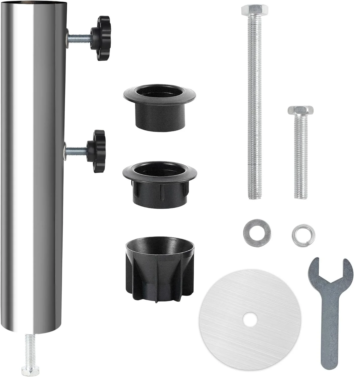 Various metal and plastic disassembled parts and tools, including bolts, washers, and a wrench, laid out on a white background.