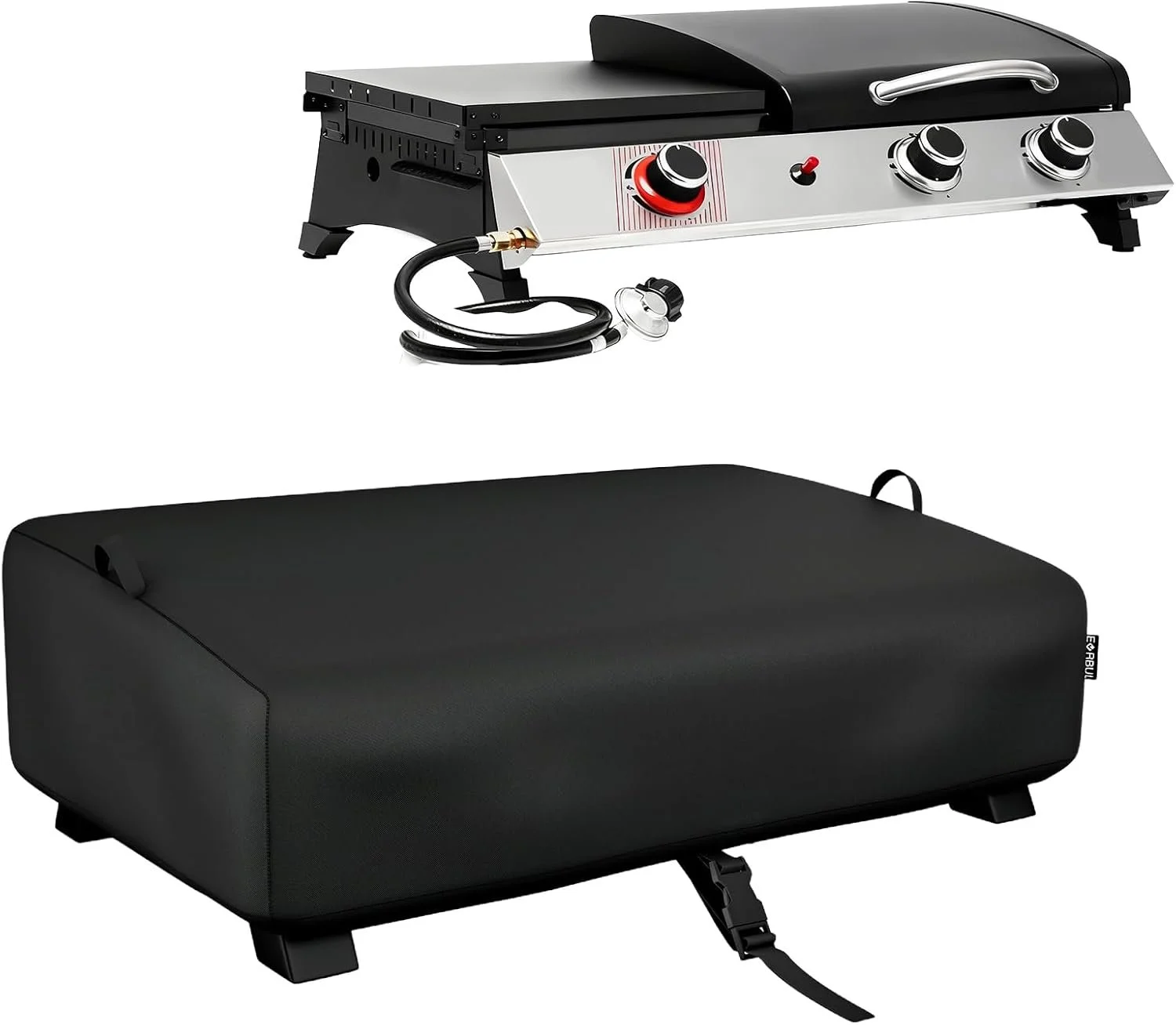A portable gas grill with a black lid and silver body, a heat control knob, and a small attached propane hose, and a large black speaker with a protective cover and a power cord.