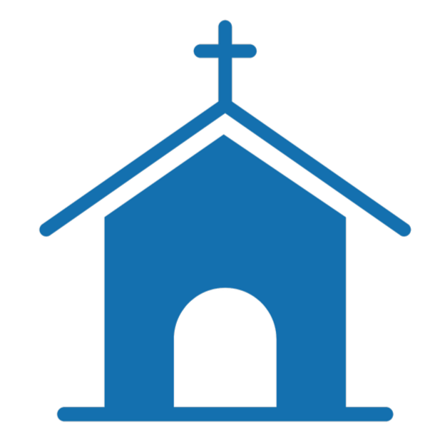 Blue church with a cross on top and an arched entrance.