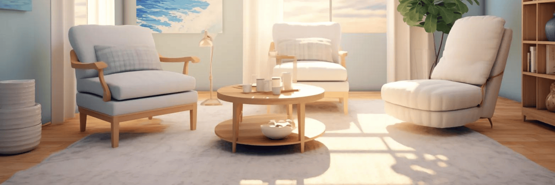 Cozy living room with light blue walls, three white armchairs with wooden arms, a round wooden coffee table with candles and a bowl, a beige rug, a tall plant, a wooden bookshelf with decorative items, and a large window letting in natural sunlight.