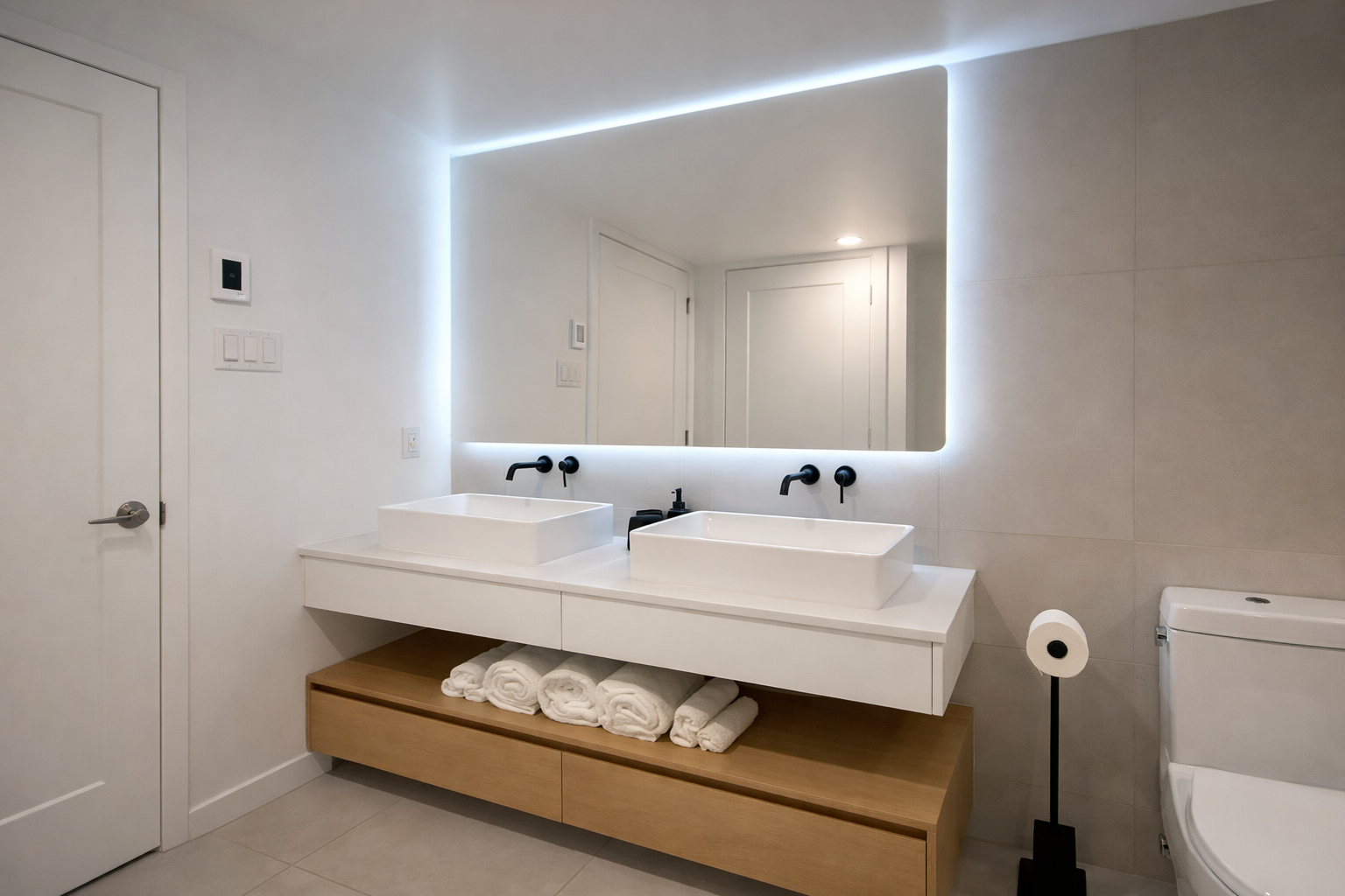 Modern bathroom with dual white rectangular vessel sinks, black wall-mounted faucets, large backlit mirror, wooden shelf with rolled towels, toilet, and minimal decor.