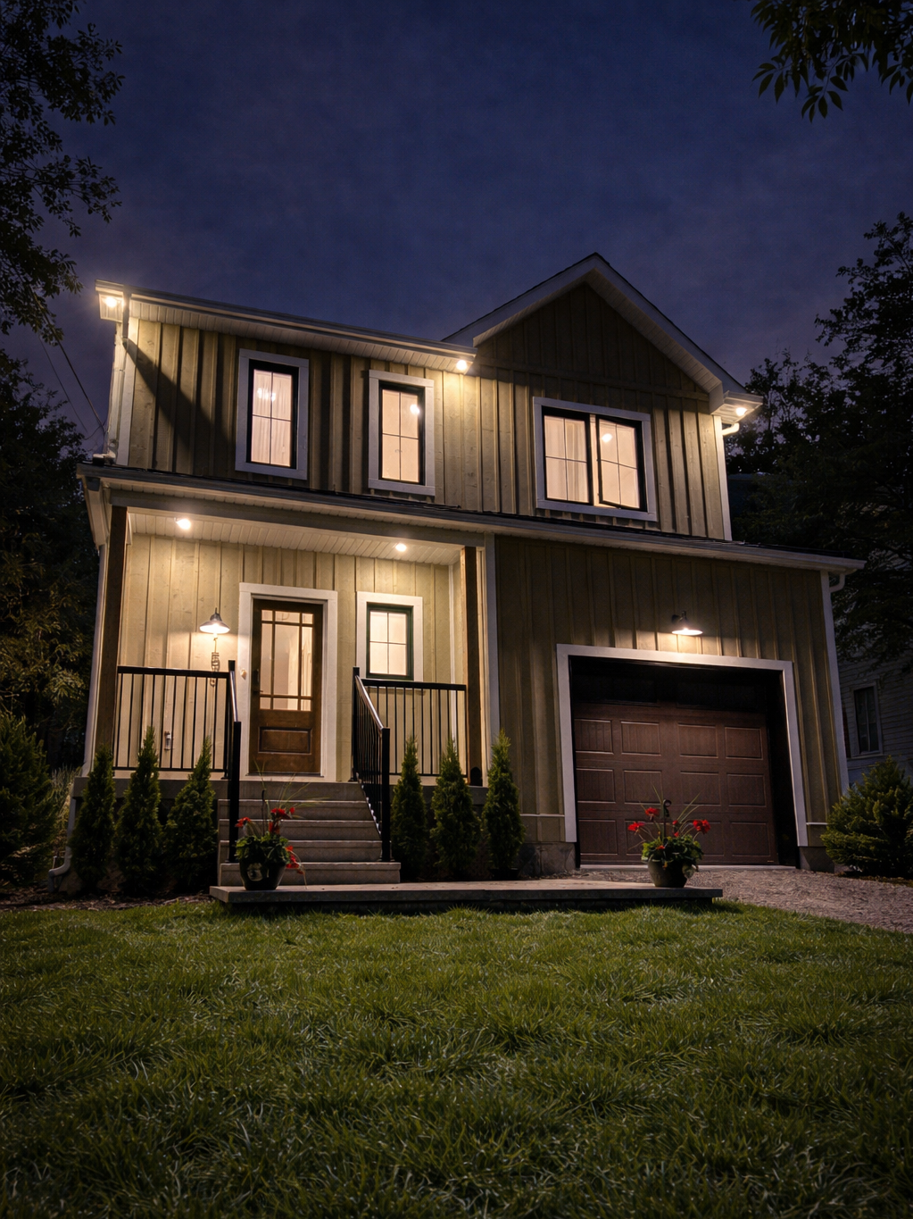 A two-story house at night with exterior lights on, dormer windows, a front porch with steps and black railing, a garage with a wooden door, and small plants and flowers in pots near the entrance.