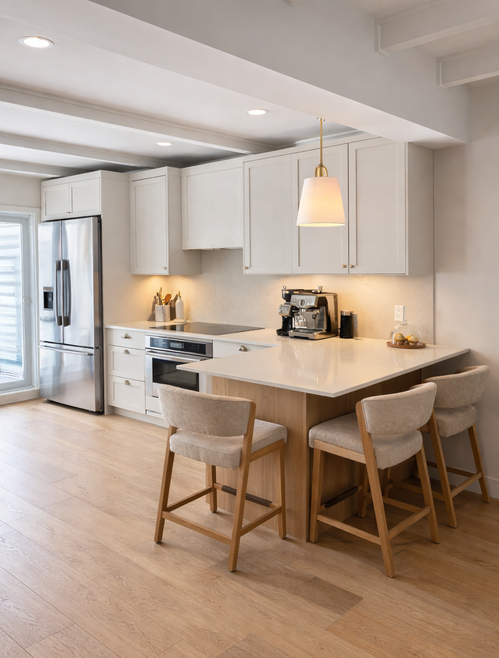 Modern kitchen with white cabinets, stainless steel refrigerator, built-in oven, black coffee machine, and beige chairs around a small counter.