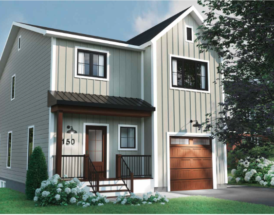 A modern two-story house with white and light gray siding, black-trimmed windows, a front porch with black railings, a wooden front door, and a garage with a wooden door, surrounded by green grass, bushes, and trees.