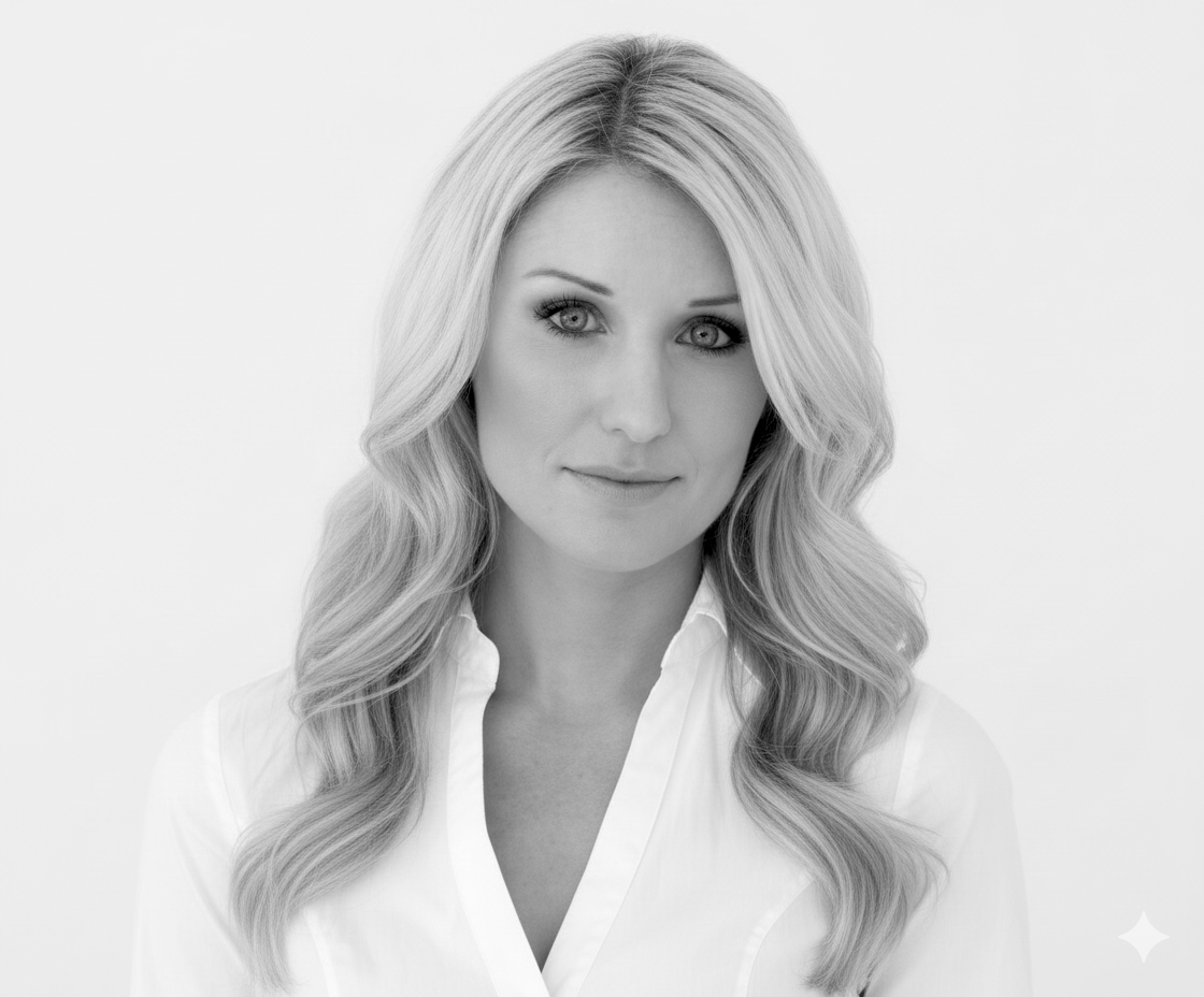 Black and white portrait of a woman with long wavy hair wearing a white shirt